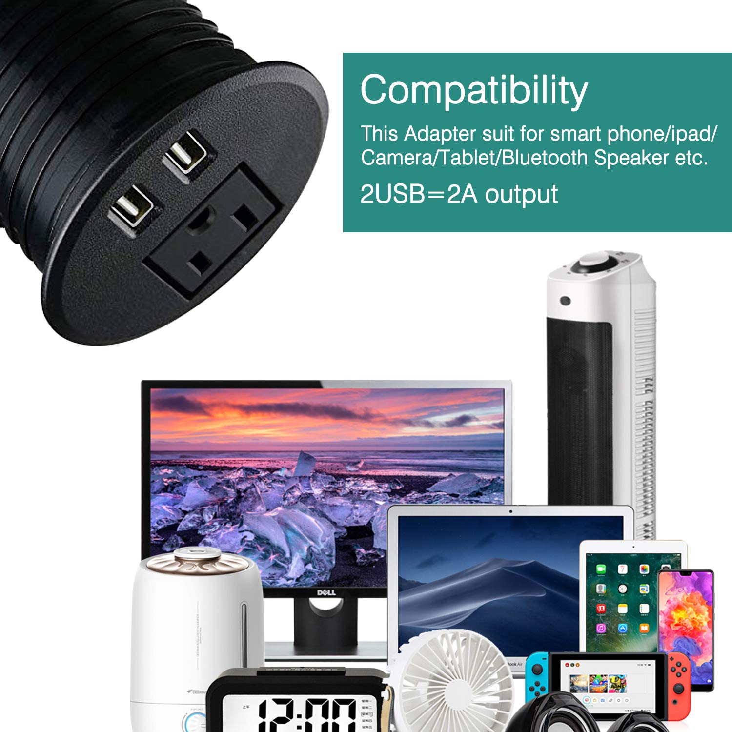 Ojal de alimentación de computadora con ojales de alimentación de 2 3/8 pulgadas con 2 puertos de carga USB, cable de extensión de 6.5 pies con 1 toma de corriente para computadora, mesa, cocina,