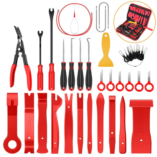 GOOACC - 40 llaves de recorte GRC-92, alicates con clip automático, herramientas de extracción estéreo, kit de palas de reparación de tapicería, juego de ganchos y púas de precisión, enhebrador de cables, raspador de película para automóviles con STOR