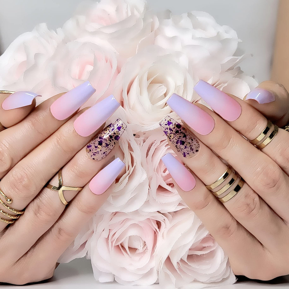 Hypnaughty 24 Pcs Rio Purple and Pink Ombre Coffin Press on Nails with Design and Glue Long and Extra Long Fake Nails Purple and Pink Ombre with Transparent Gold and Purple Design Glue on Nails (Rio)