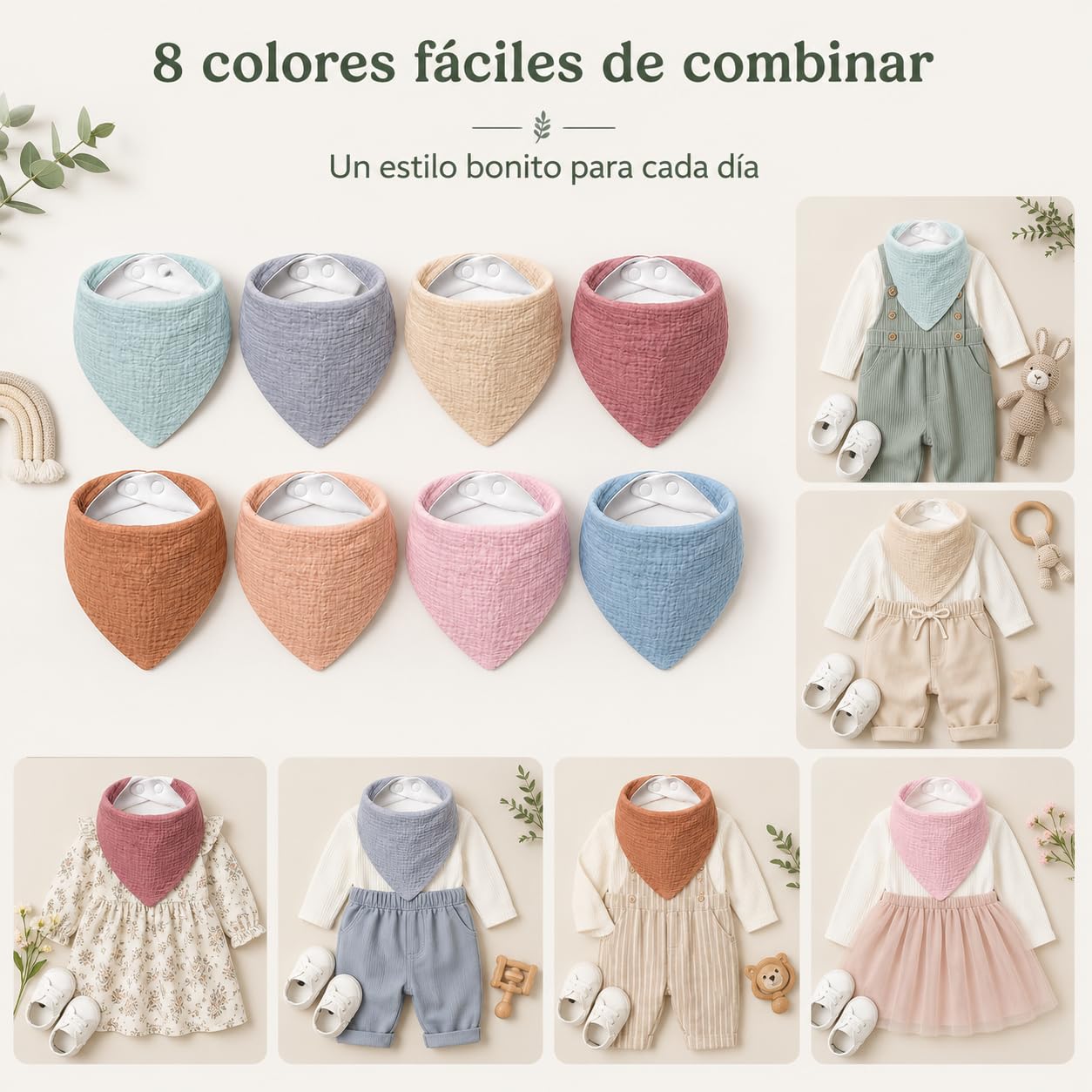 Baberos Bandana 8 Piezas, YDGAKN Baberos para Bebé, Algodón Puro, Altamente Absorbentes, Dentición y Babeo para Recién Nacidos, Niños y Niñas
