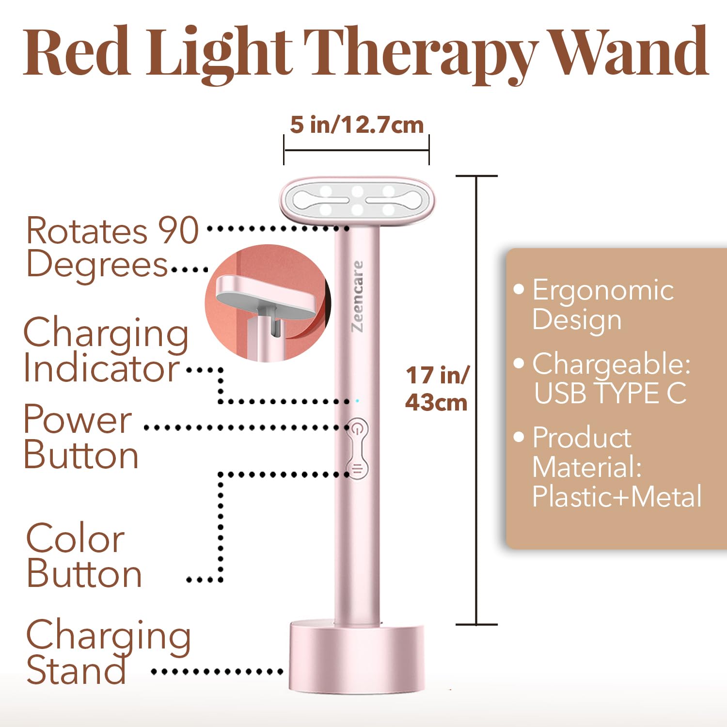 ZEENCARE 7 en 1 Terapia de Luz Roja para la Cara y el Cuello, Dispositivo de Terapia de Luz Facial LED, Herramienta Recargable para el Cuidado de la Piel y Carita de Belleza de Masaje Facial para Ojos, Cara, Cuello, Cuerpo