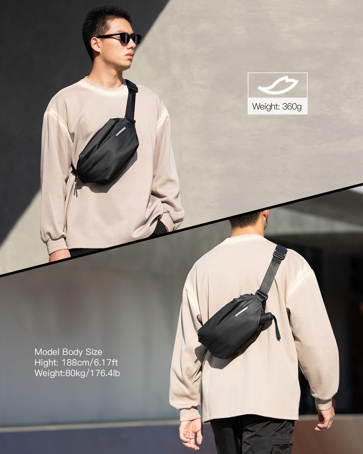 Inateck - Bolso bandolera elegante con correa ajustable para el hombro, resistentes a las salpicaduras para hombres y mujeres, riñonera multiusos para viajes, gimnasio, ciclismo, trabajo, deporte,
