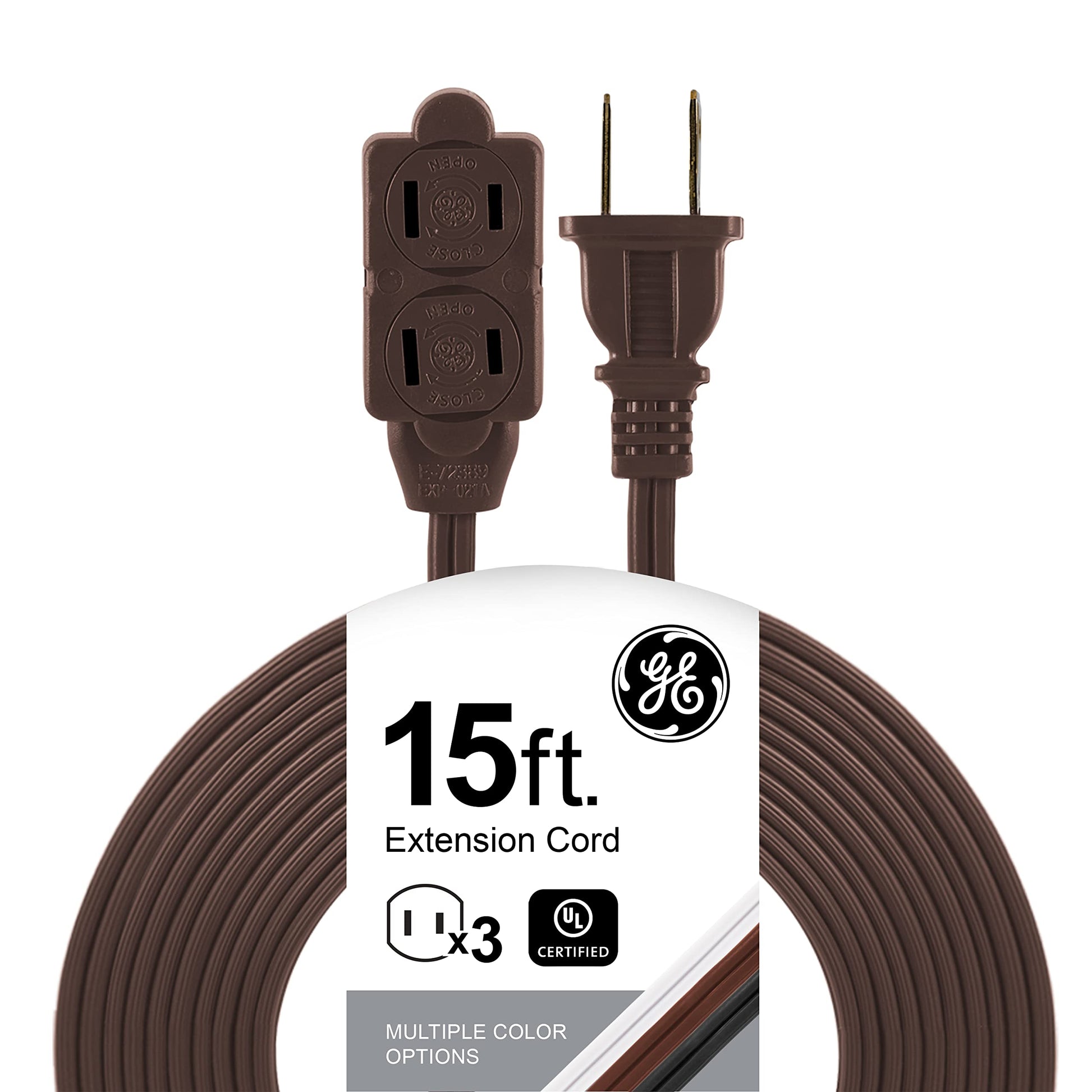 GE Designer - Extensión trenzada, 3 tiras, salidas de 2 dientes, enchufe plano, cable de alimentación sin enredos, perfecto para el hogar, la oficina o la cocina, clasificación UL, 4.6 m, Marrón