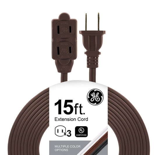 GE Designer - Extensión trenzada, 3 tiras, salidas de 2 dientes, enchufe plano, cable de alimentación sin enredos, perfecto para el hogar, la oficina o la cocina, clasificación UL, 4.6 m, Marrón