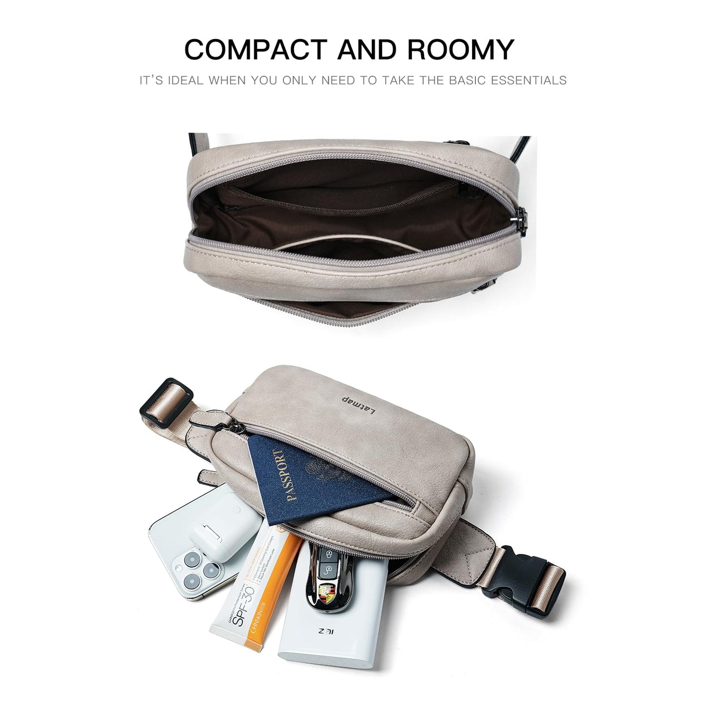 LATMAP - Riñonera de 2 L para todas partes, pequeña y a la moda, bandolera de piel sintética, impermeable, para mujer, a la moda, GrisáceoGreyish), Pequeño, Moda casual