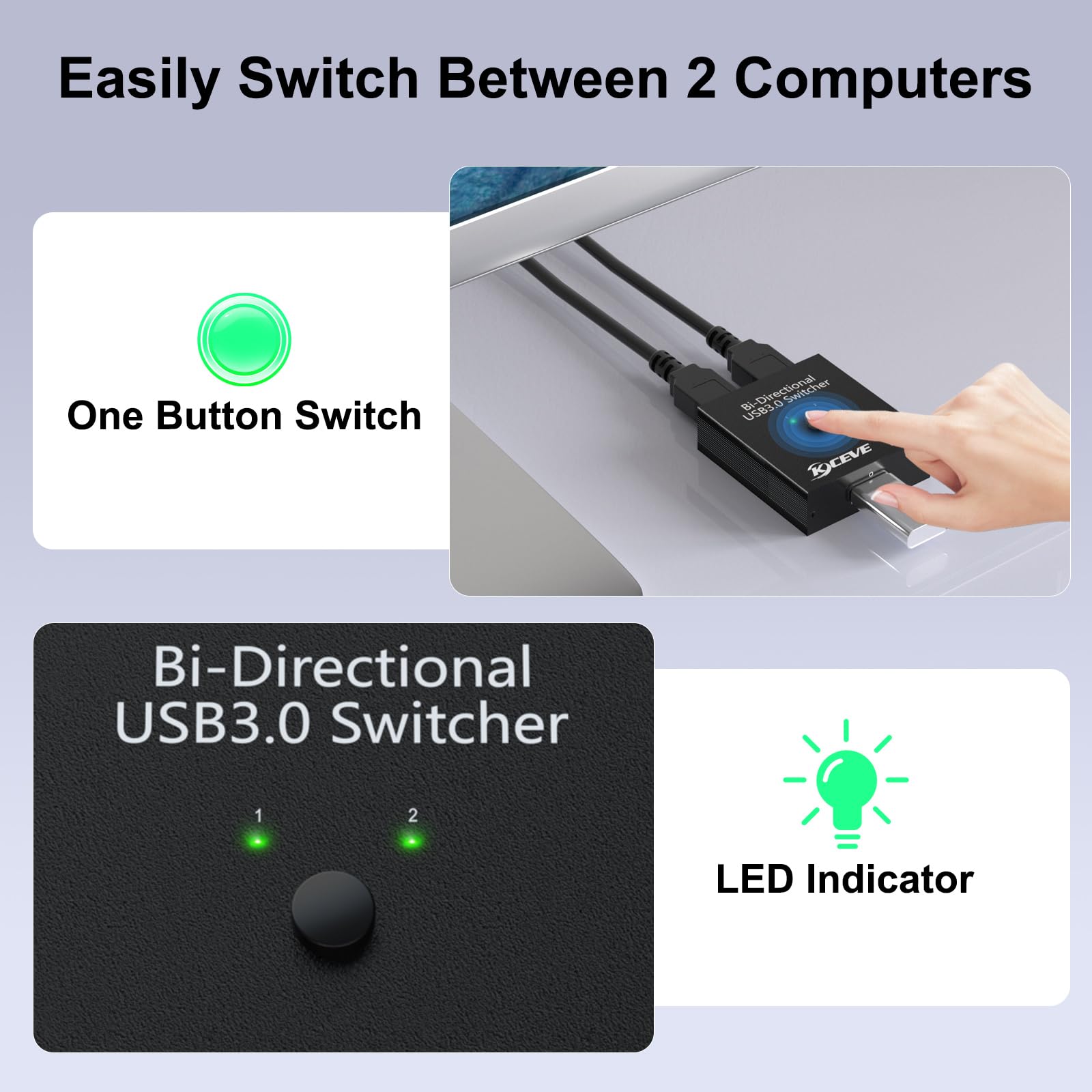 USB 3.0 Switch, Conmutador USB Bidireccional 2 en 1 Salida o 1 en 2, Switch USB MLEEDA Para 2 Computadoras Compartiendo Teclado, Ratón, Impresora, Con Controlador de Escritorio y 2 Cables USB 3.0