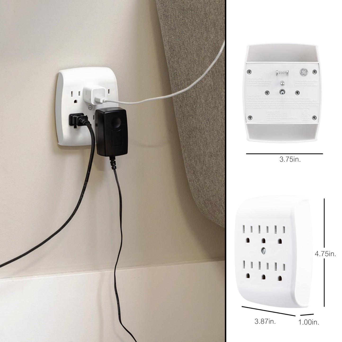 GE Adaptador de Tierra para pared con 6 enchufes Blanco