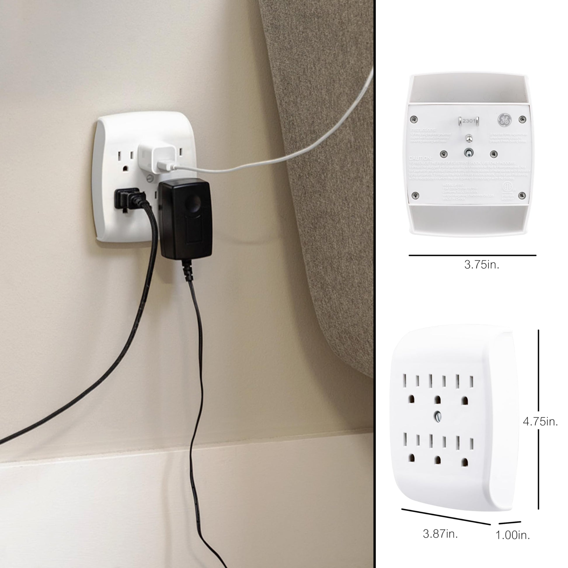 GE Adaptador de Tierra para pared con 6 enchufes Blanco