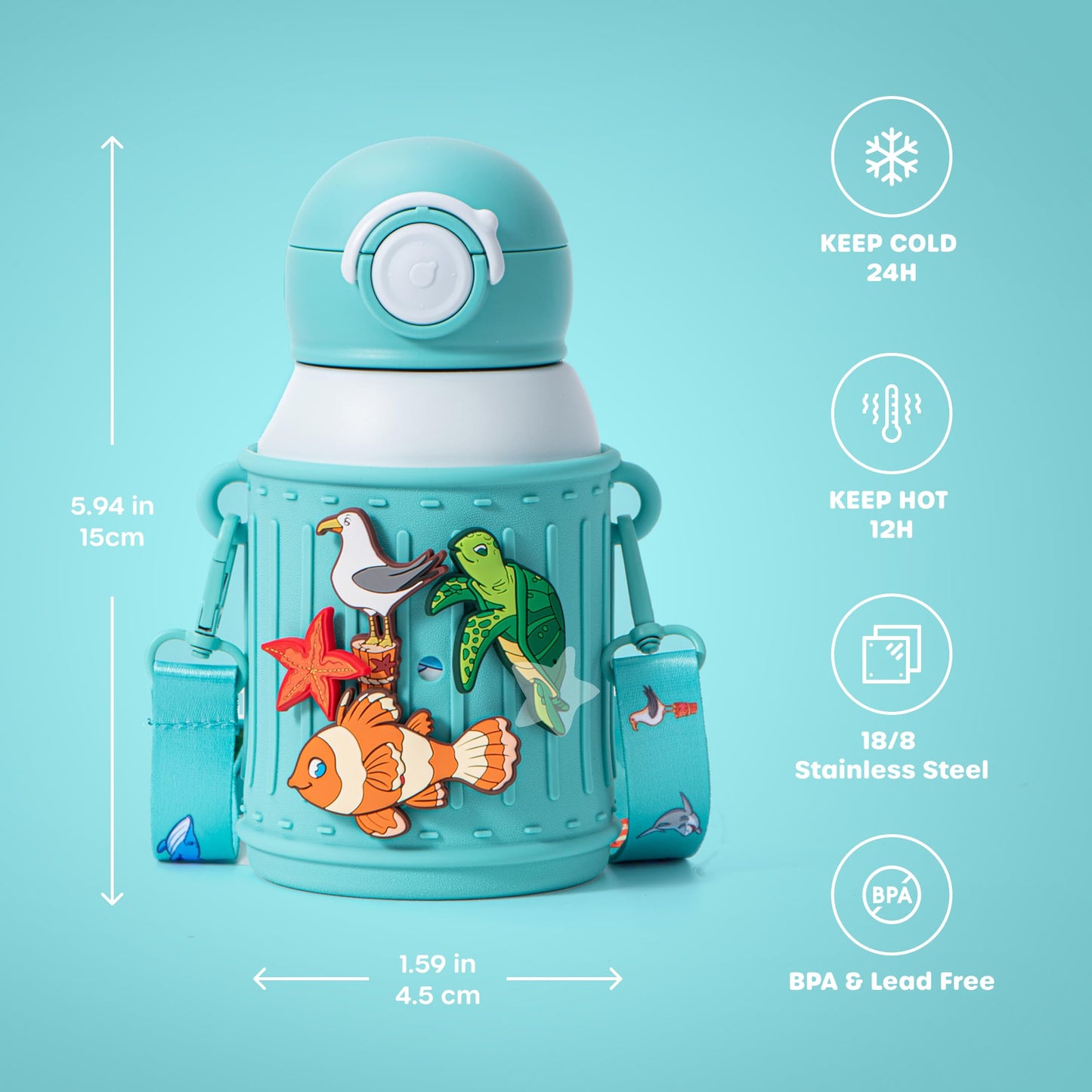 Le Glacier - Juego de vasos aislantes para niños, 16 onzas, botella de agua de acero inoxidable con tapa de popote y tapa para verter, taza a prueba de fugas, funda de silicona, dijes y correa