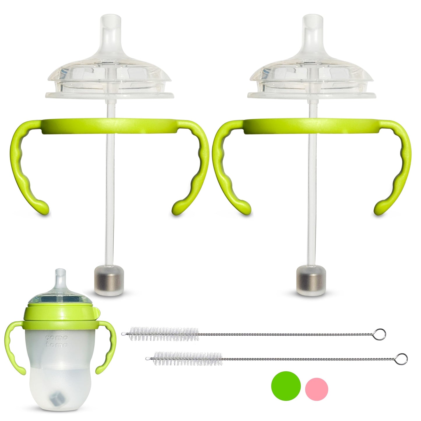 Kit de conversión de tazas de paja para biberones Comotomo de 2 unidades, pezones de silicona de grado alimenticio, popotes con peso de silicona, asas de botella y cepillo para polvo de limpieza, sin