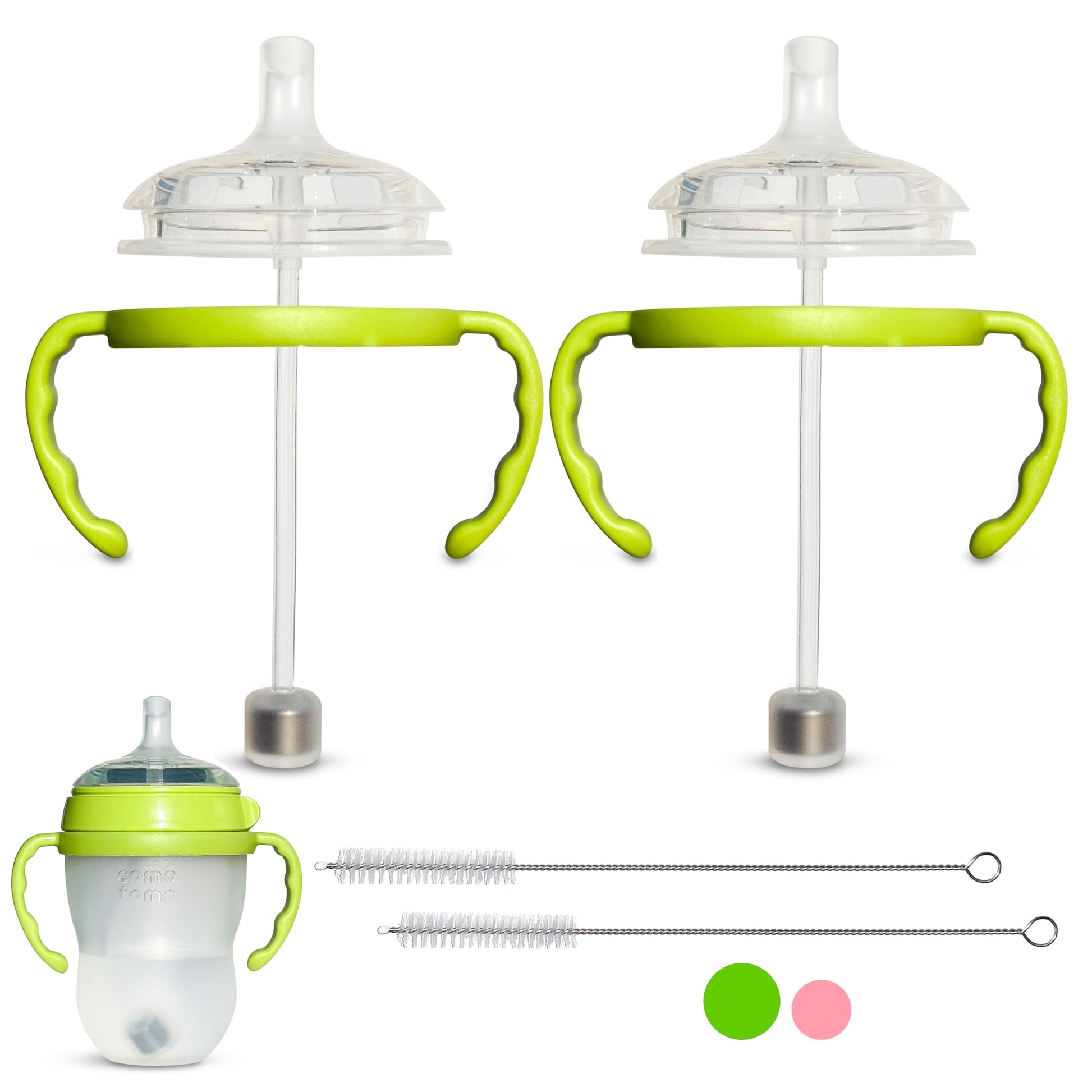 Kit de conversión de tazas de paja para biberones Comotomo de 2 unidades, pezones de silicona de grado alimenticio, popotes con peso de silicona, asas de botella y cepillo para polvo de limpieza, sin