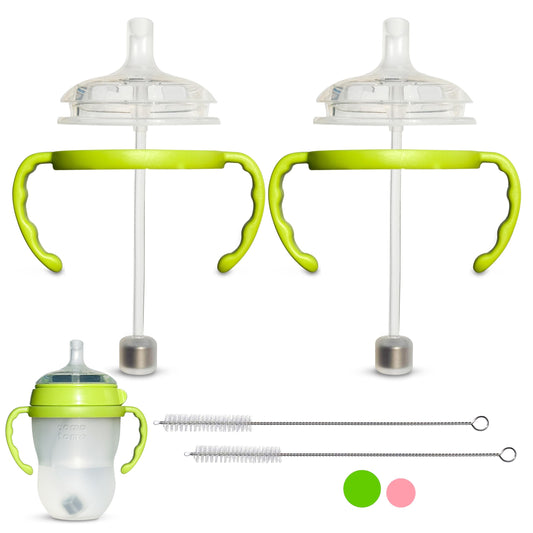 Kit de conversión de tazas de paja para biberones Comotomo de 2 unidades, pezones de silicona de grado alimenticio, popotes con peso de silicona, asas de botella y cepillo para polvo de limpieza, sin