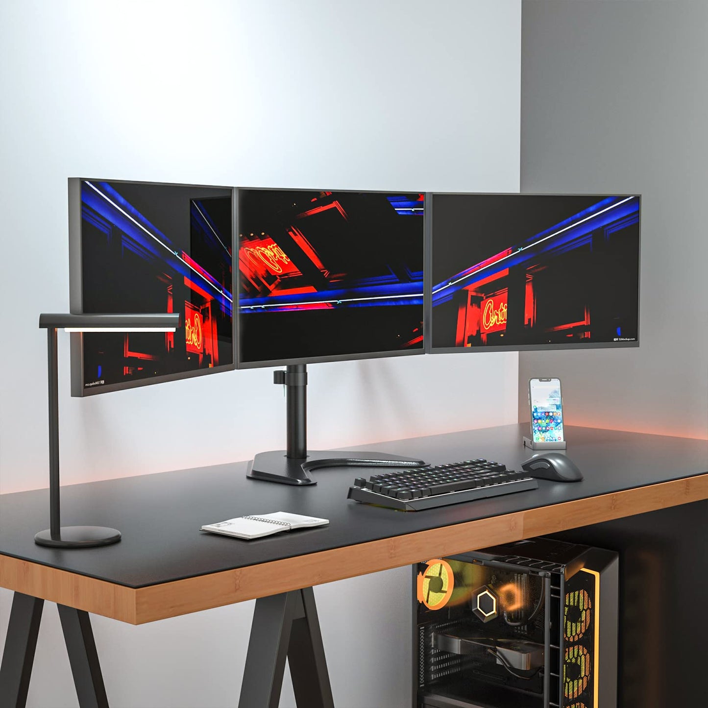 Soporte para Monitor Triple WALI Negro con Inclinación y Rotación para Escritorio