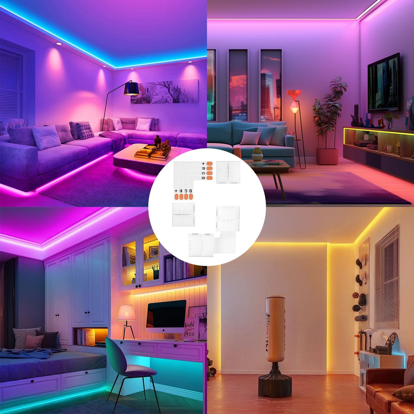 Conectores LED 4 Pines en Forma L 10mm para Extensión de Tiras LED sin Soldadura 10 Piezas