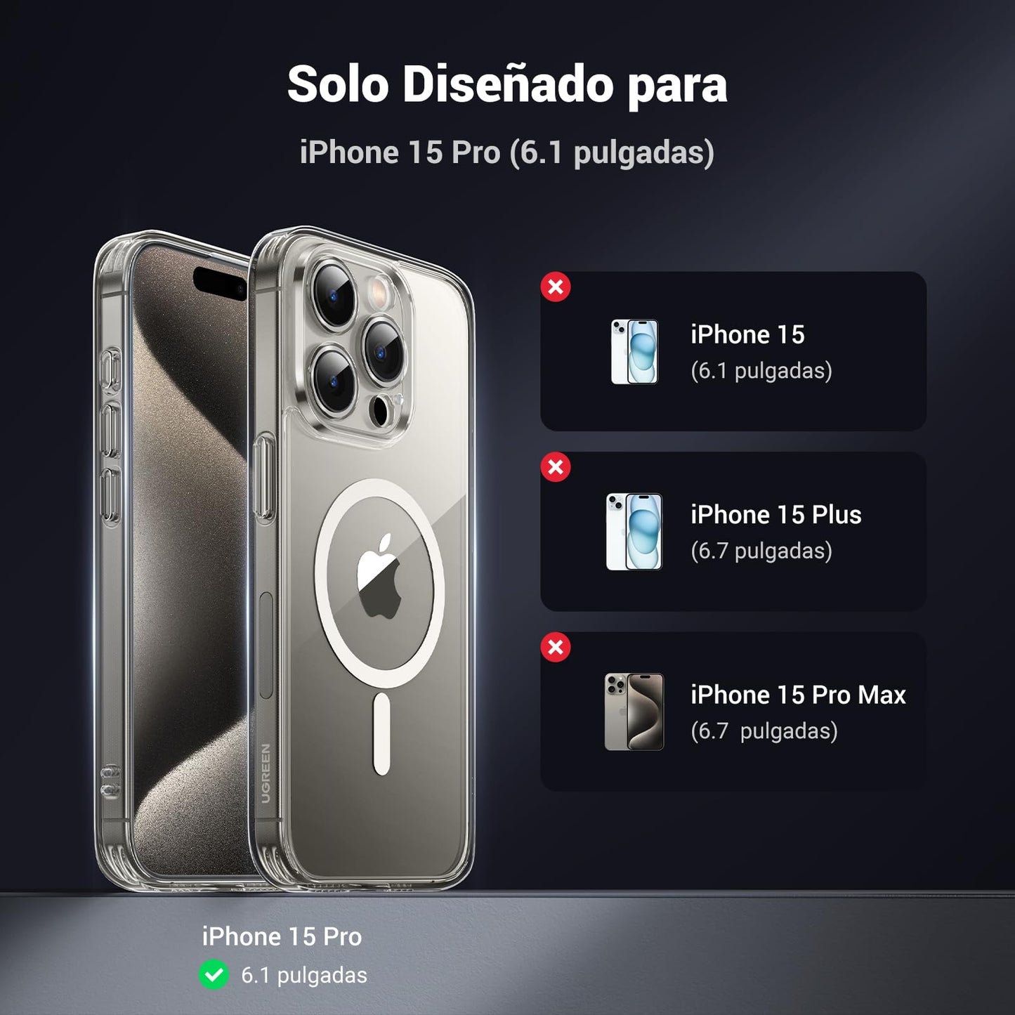 Funda iPhone 15 Pro UGREEN Transparente Magnética Anti-Amarillo con Protección de Lente y Caídas