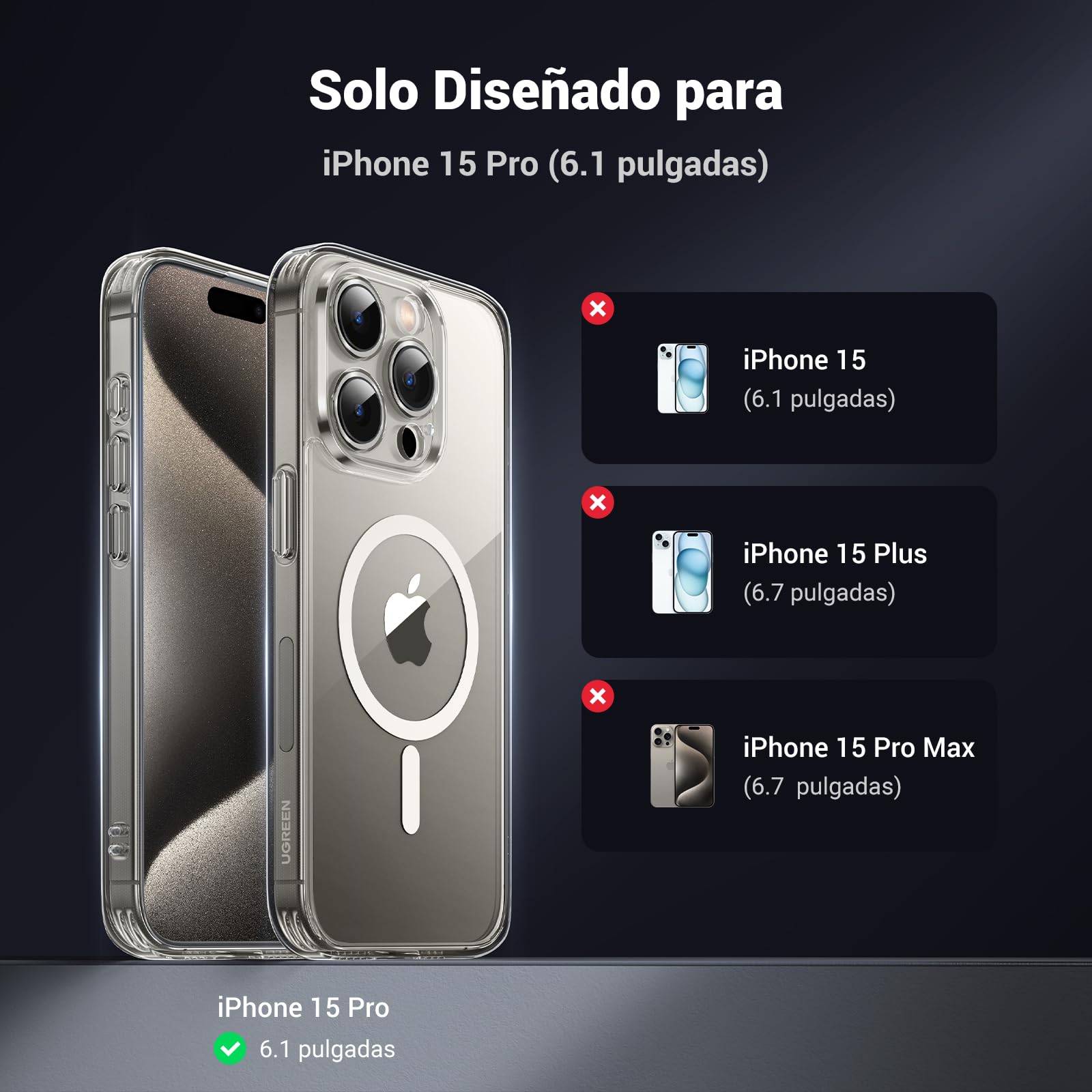Funda iPhone 15 Pro UGREEN Transparente Magnética Anti-Amarillo con Protección de Lente y Caídas