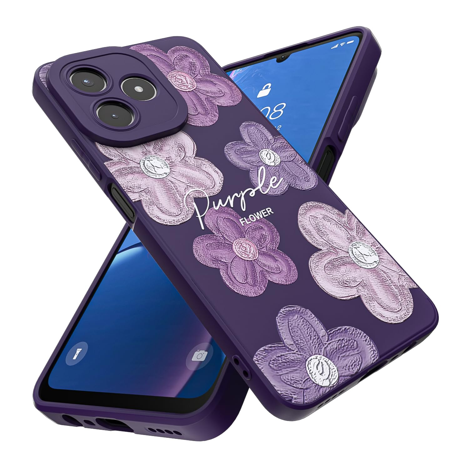 Threehao Funda para Realme Note 50 Case Uso Rudo, Ultra Delgado Flexible Púrpura Suave TPU Silicona Carcasa con Moda Aesthetic Dibujos Flores, Antigolpes Anti-arañazos Protectora