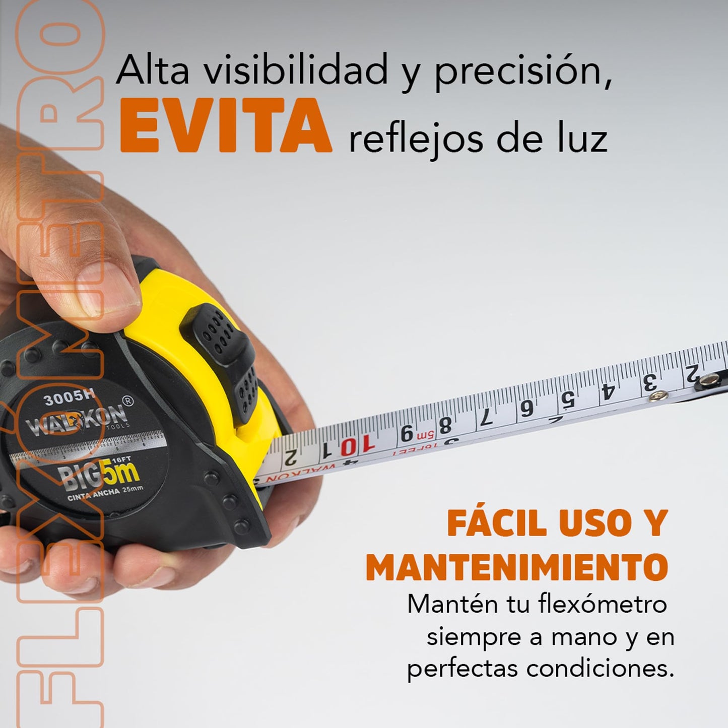 Flexómetro WALKON Blanco Hule contra Impacto 5 Metros