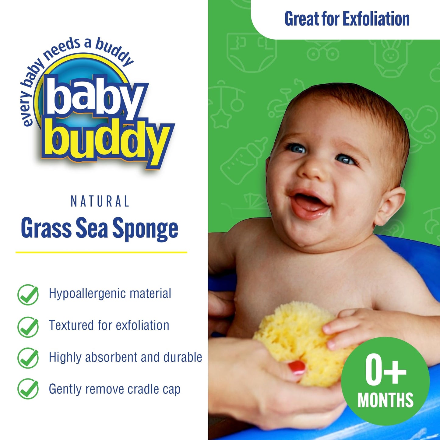 Baby Buddy Esponja de baño Natural para bebé de 4 Pulgadas, Suave para la Piel tierna del bebé, Biodegradable, hipoalergénica, Absorbente y Natural, Paquete de 2, Amarillo
