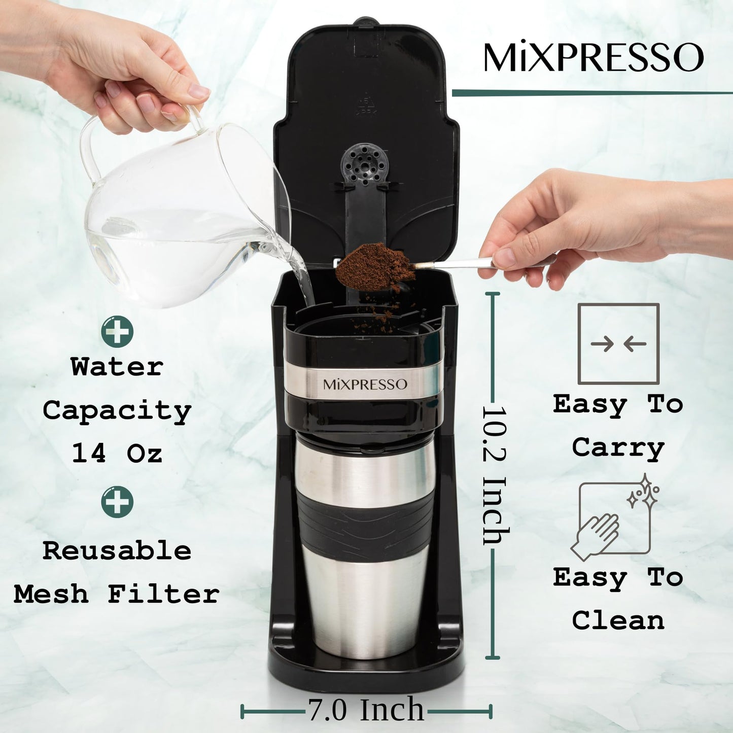 Cafetera Personal 2 en 1 Ultimate Portátil y Ligera Negra con Termo de 14oz y Filtro Reutilizable Eco-Friendly
