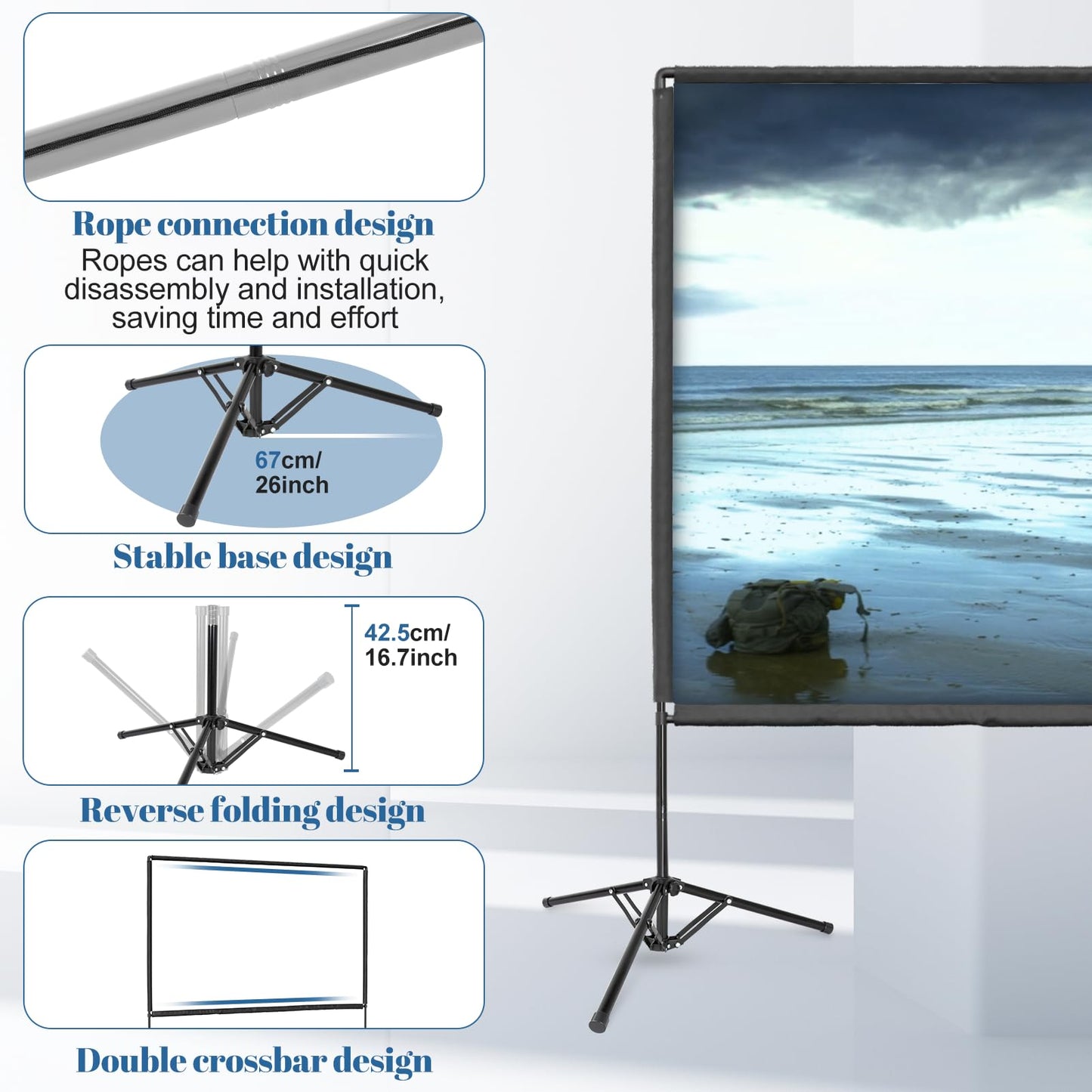 Qoolfoto - visualización de proyector portátil de 120 pulgadas, visualización de proyección para interiores y exteriores 16:9 4K HD sin arrugas con bolsa de transporte para películas en el patio