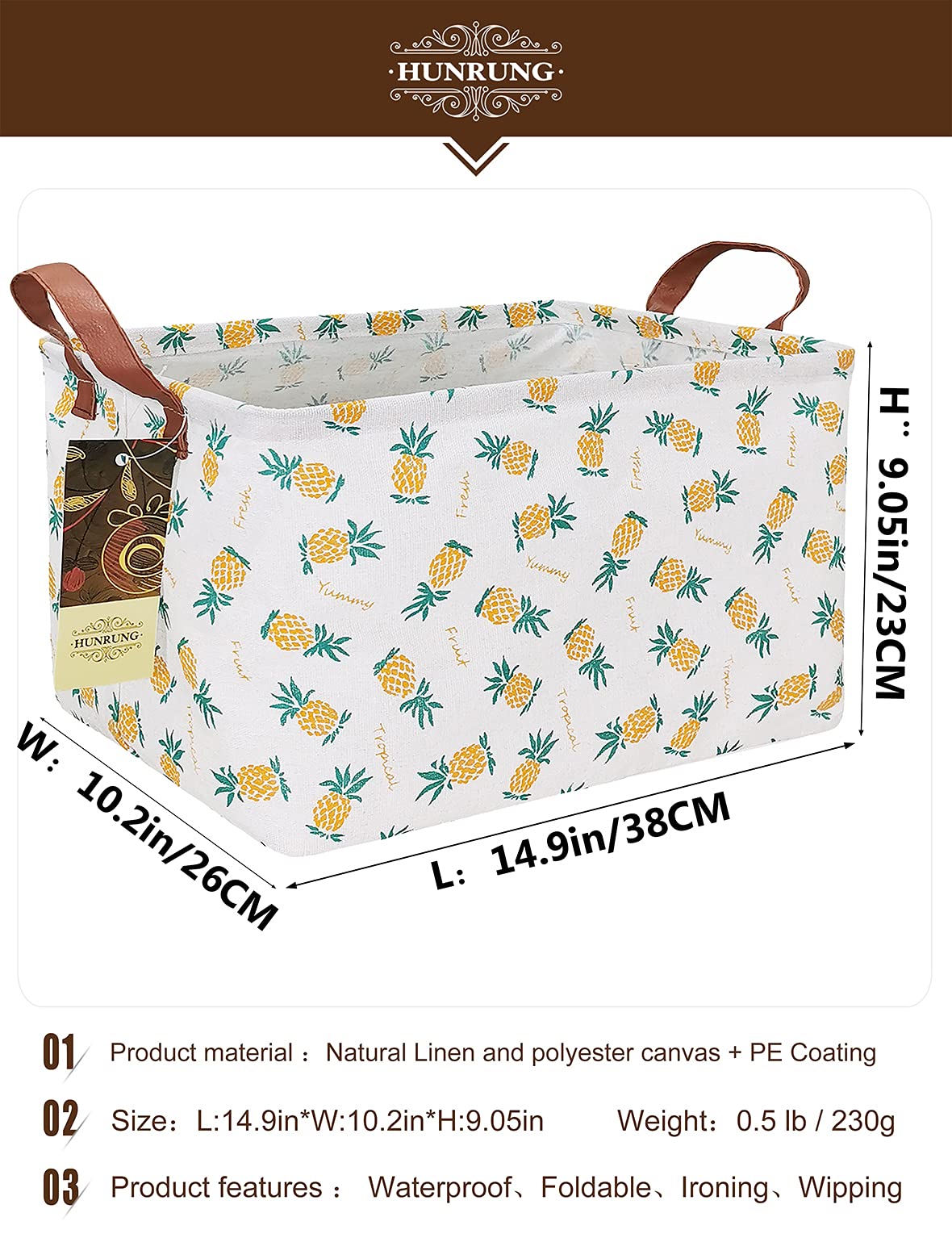 HUNRUNG Cesta de Almacenamiento Rectangular, Linda para Juguetes de Mascota/niños, Libros, Ropa, Perfecta para Habitaciones de niños/Sala de Juegos/estantes, Rectangle Pineapple
