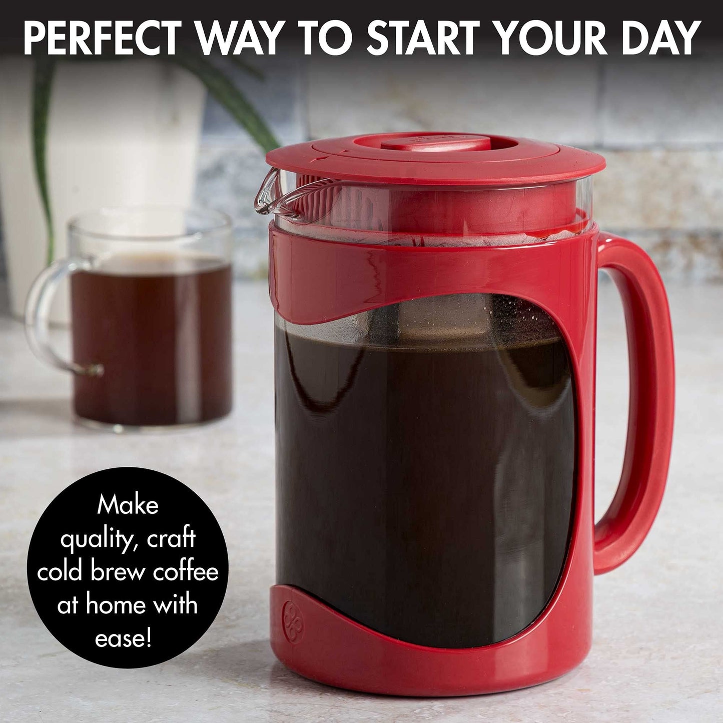 Cafetera Helada Primula Burke Roja con Mango de Agarre Cómodo y Jarra de Vidrio Duradera