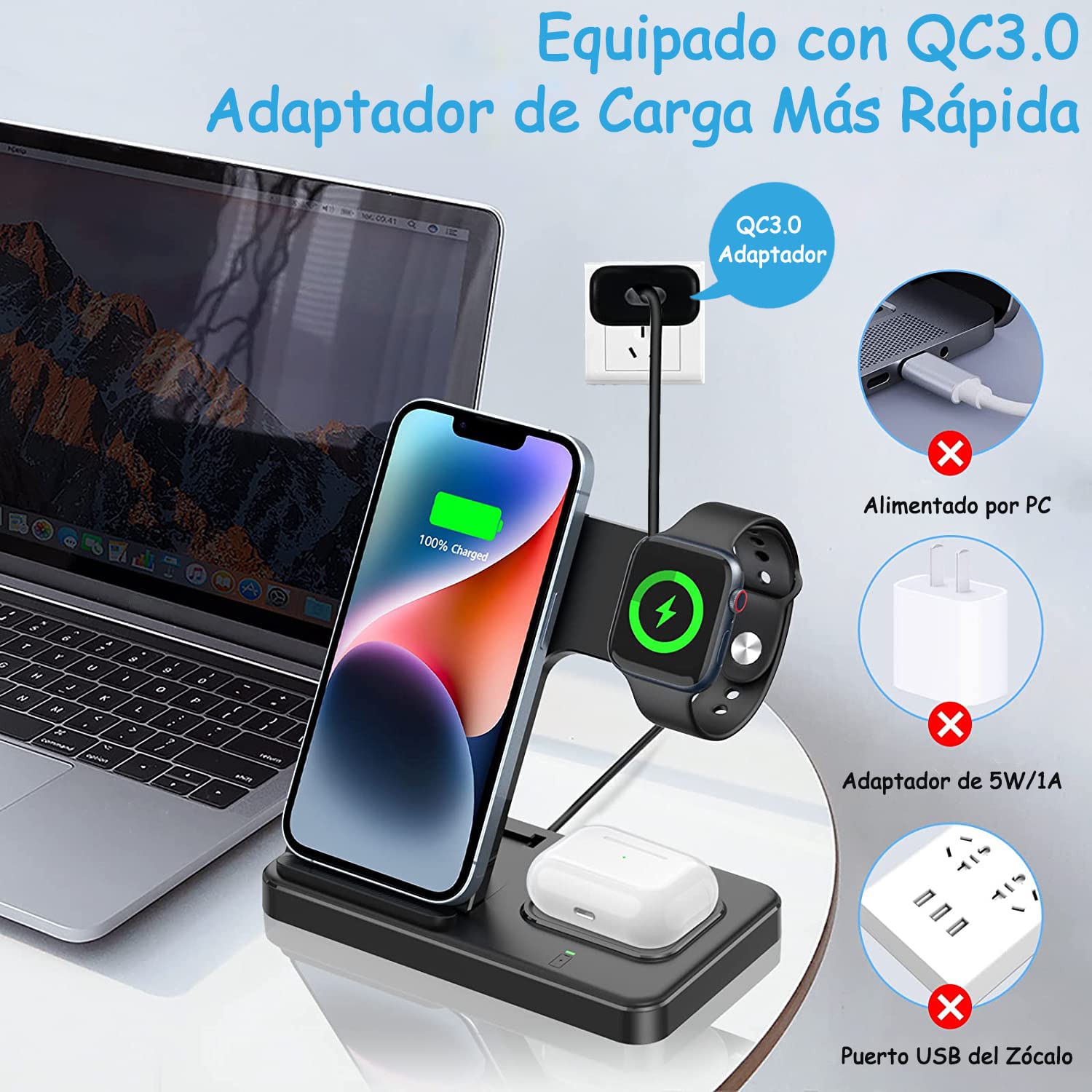 Cargador Inalámbrico 3 en 1 con Cabezal QC3.0 de 18W para iPhone, Samsung, Apple Watch, AirPods