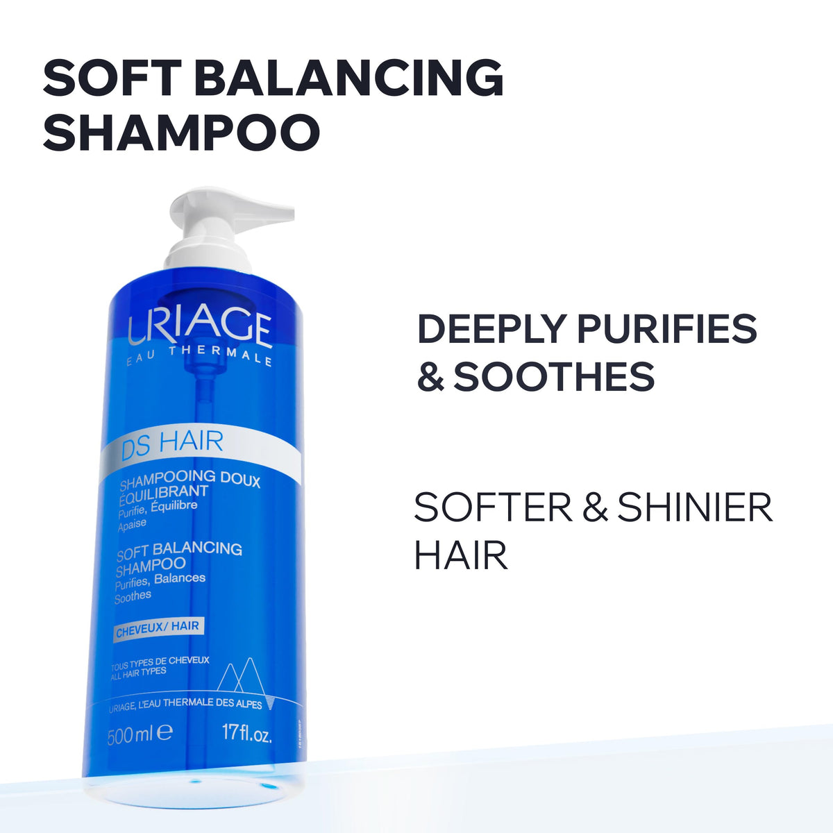 Uriage Ds Hair Champú Regulador diario con Eucalipto - Gel espumoso suave, fresco y con flora - Perfume para el cuero cabelludo sensible - Purifica y calma en profundidad - Cabello más suave, brillante y sedoso - Sin jabón