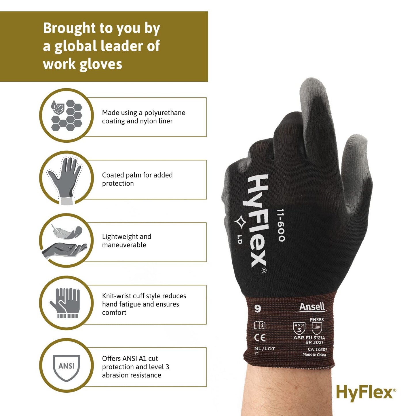 HyFlex 11-600 - Guante de Nylon con Poliuretano para trabajos que impliquen destreza y sensibilidad. Talla 9 (Grande) 1 par.