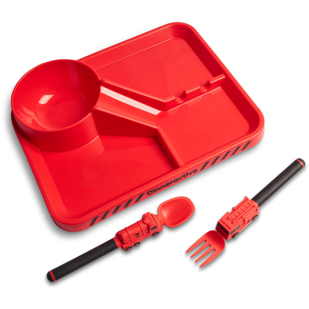 Dinneractive - Juego de comedor para niños, 3 piezas de vajilla de bombero rojo, utensilios de camión de bomberos, platos para niños pequeños, platos para bebés