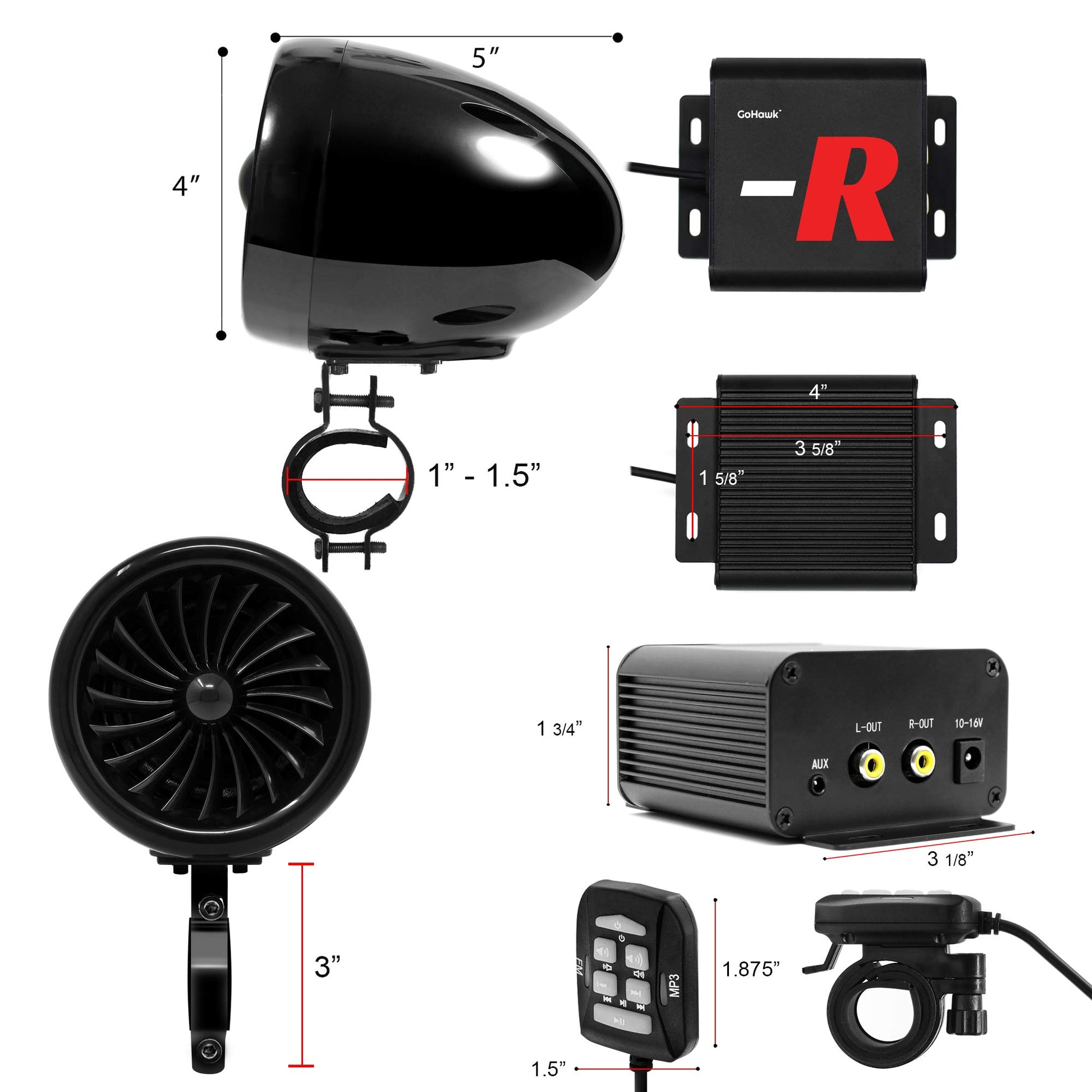 GoHawk TJ4-R - Sistema de amplificador de 4 pulgadas (10 cm), rango completo, impermeables, Bluetooth, bocinas estéreo para motocicleta, de 1 a 1.5 pulgadas (2.5 a 4 cm) Amplificador de montaje en manubrio para Harley Touring Cruiser, ATV de 4 ruedas, aux
