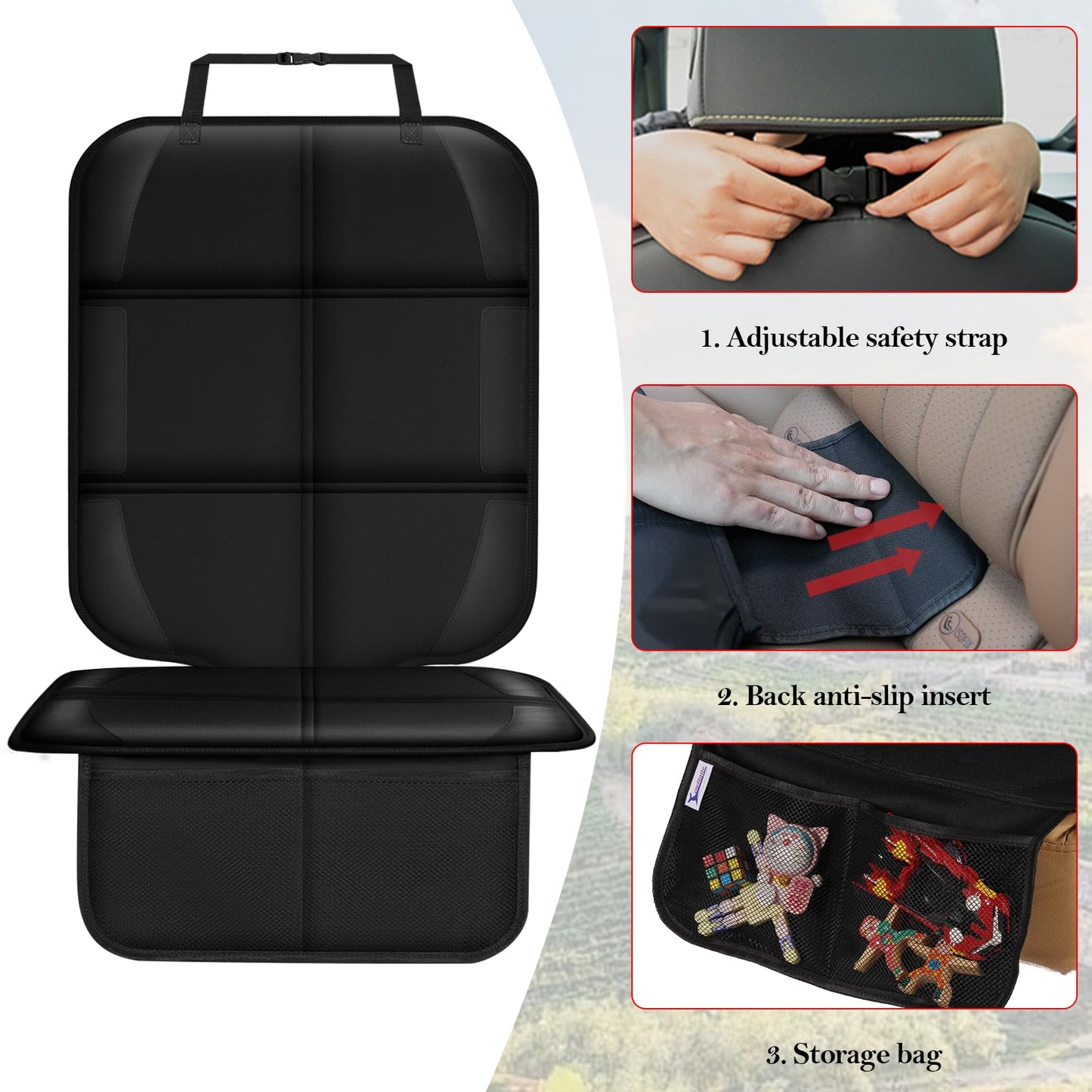 Meolsaek - Protector de asiento de coche para asiento de coche infantil, tela duradera 600D, impermeable, con almohadilla gruesa, respaldo antideslizante (sin huellas) (2 protectores de asiento negro)