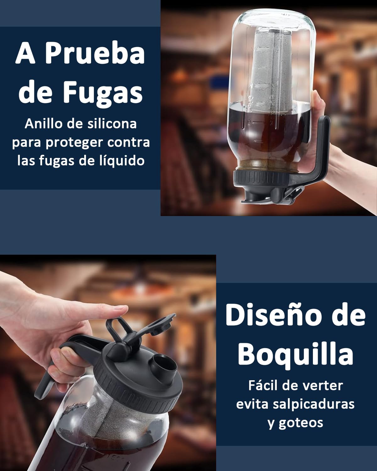 Cafetera Cold Brew Wexlerey Vidrio 64oz Hermética y a Prueba de Fugas con Filtro de Acero Inoxidable para Café, Té y Bebidas de Frutas