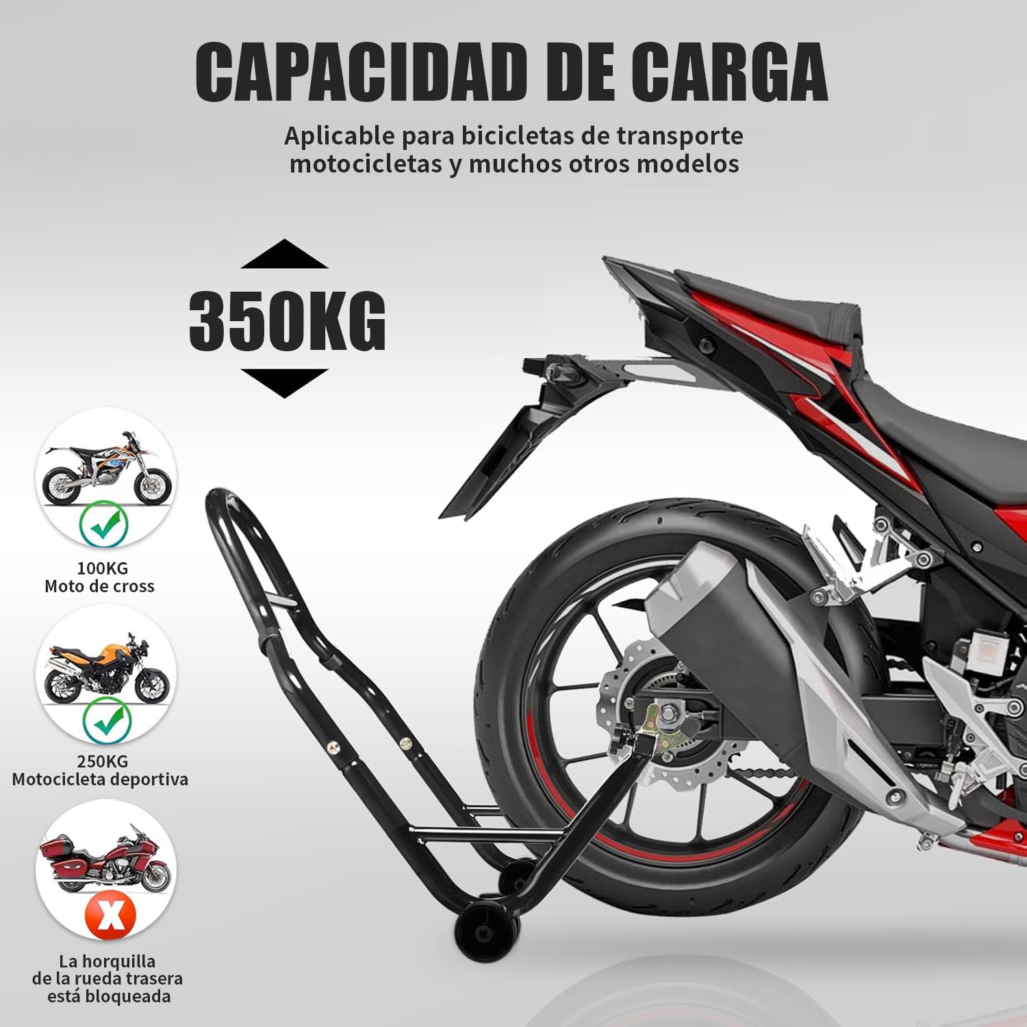 BOBOJIIIER Soporte Trasero para Motocicleta, soporte de elevación de rueda trasera, Moto Gato, Soporta Hasta 450 KG con Ruedas, Negro, L