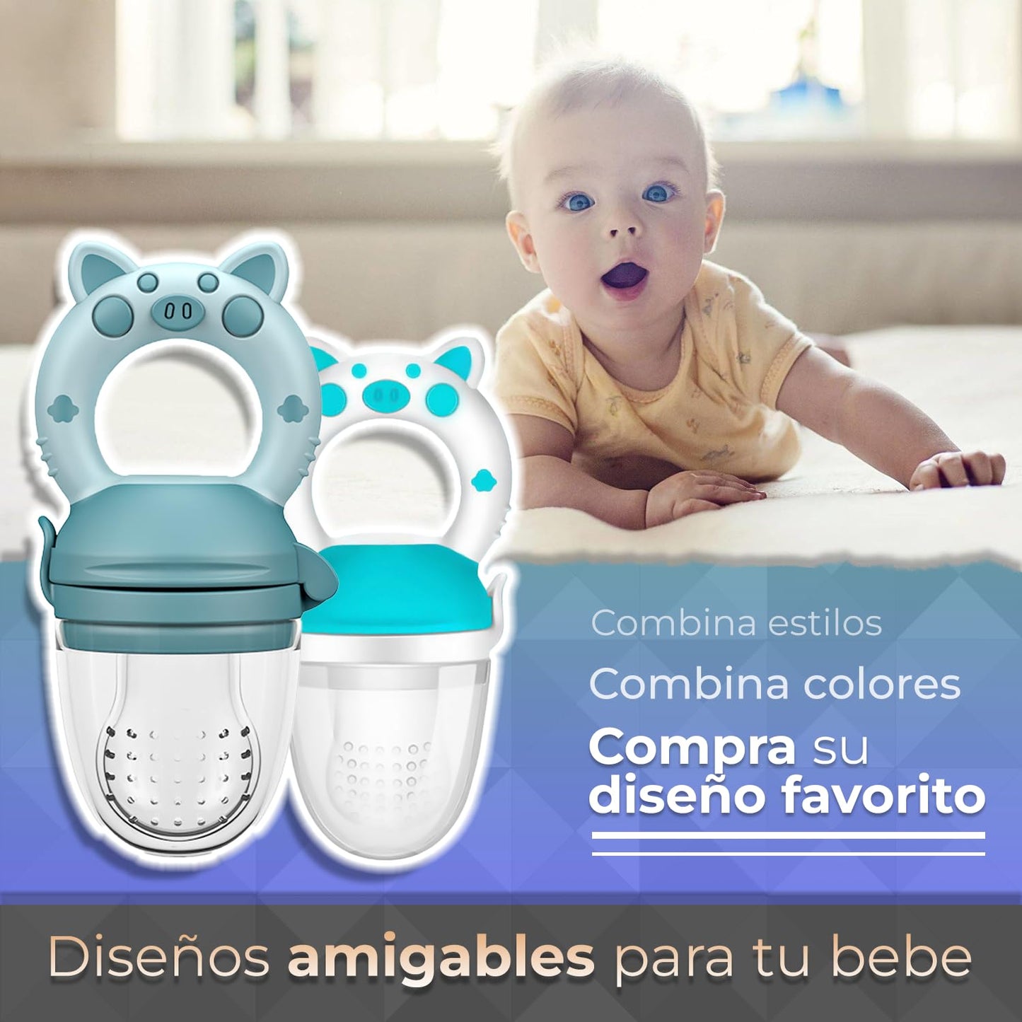 Chupones alimentadores para frutas y papillas con tapa libre de bpa, dibujos animados, 4m+ 2 piezas (pig azul y pig blanco azul)