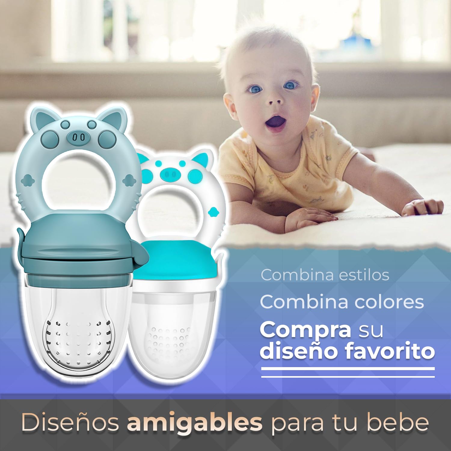Chupones alimentadores para frutas y papillas con tapa libre de bpa, dibujos animados, 4m+ 2 piezas (pig azul y pig blanco azul)