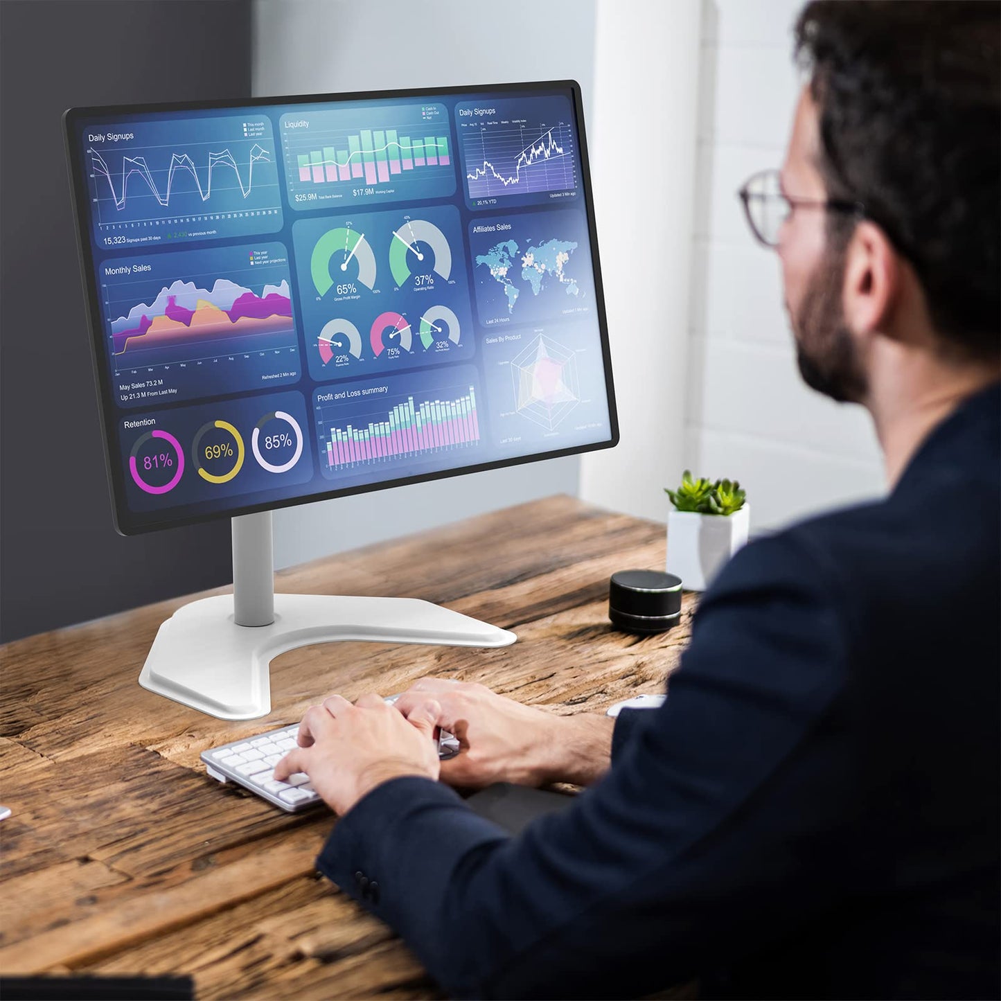 Soporte para Monitor WALI Blanco con Inclinación y Ajuste de Altura