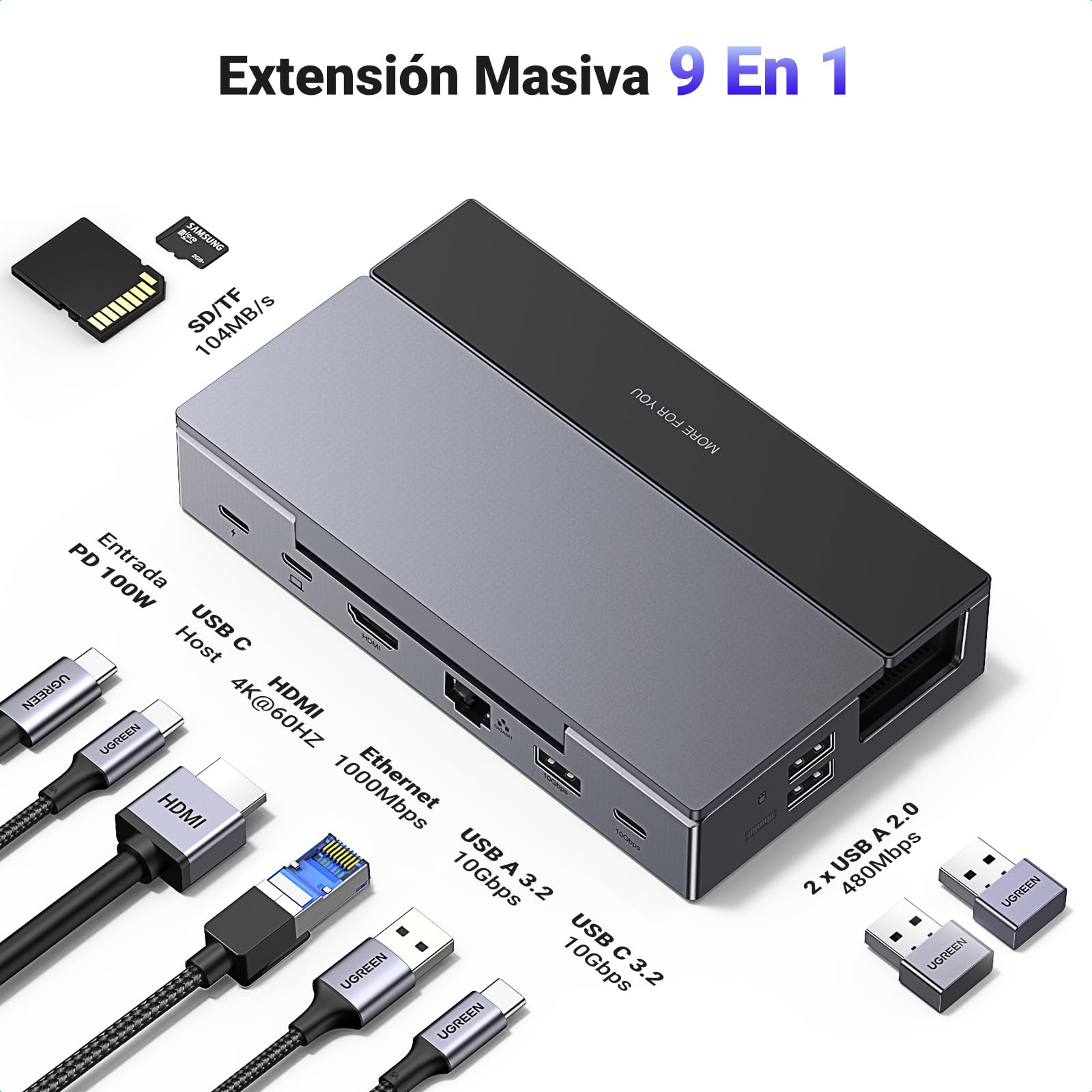 Dock Hub USB C 9 en 1 UGREEN Negro Soporte Ajustable para Steam Deck
