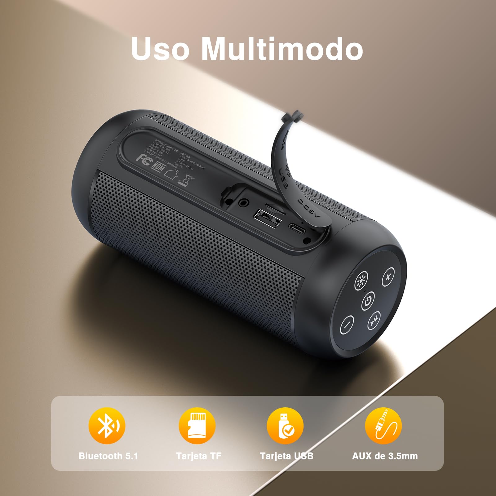 Bocina Bluetooth Portátil Hora Negro con Iluminación RGB y Emparejamiento TWS