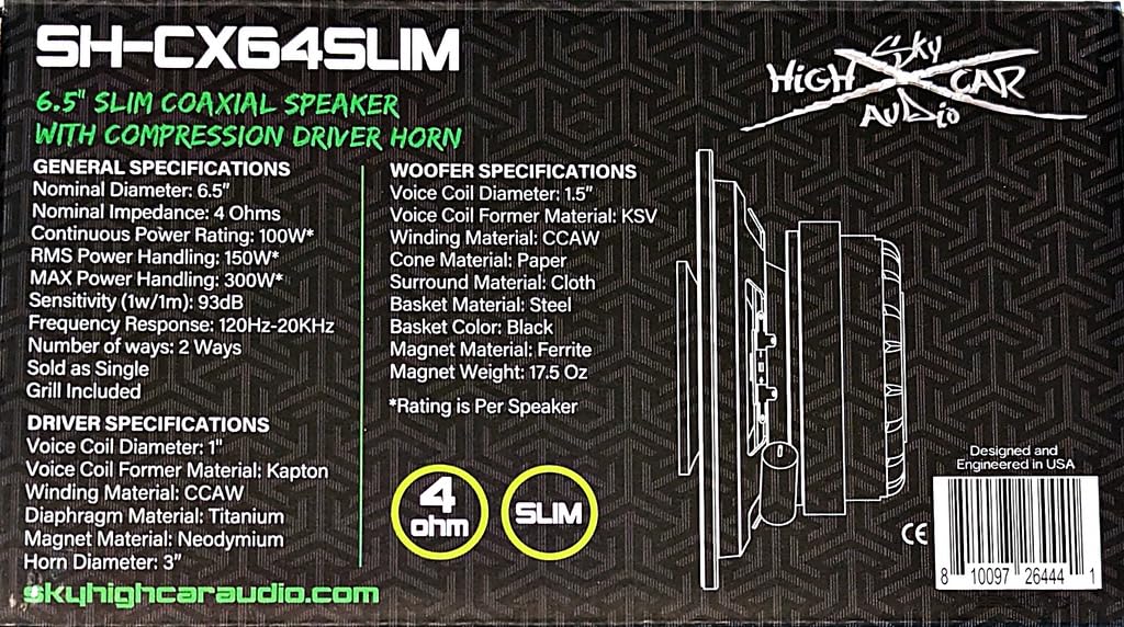 Altavoz Coaxial Delgado Sky High Car Audio SH-CX64SLIM 6.5 Pulgadas con Bocina de Driver de Compresión