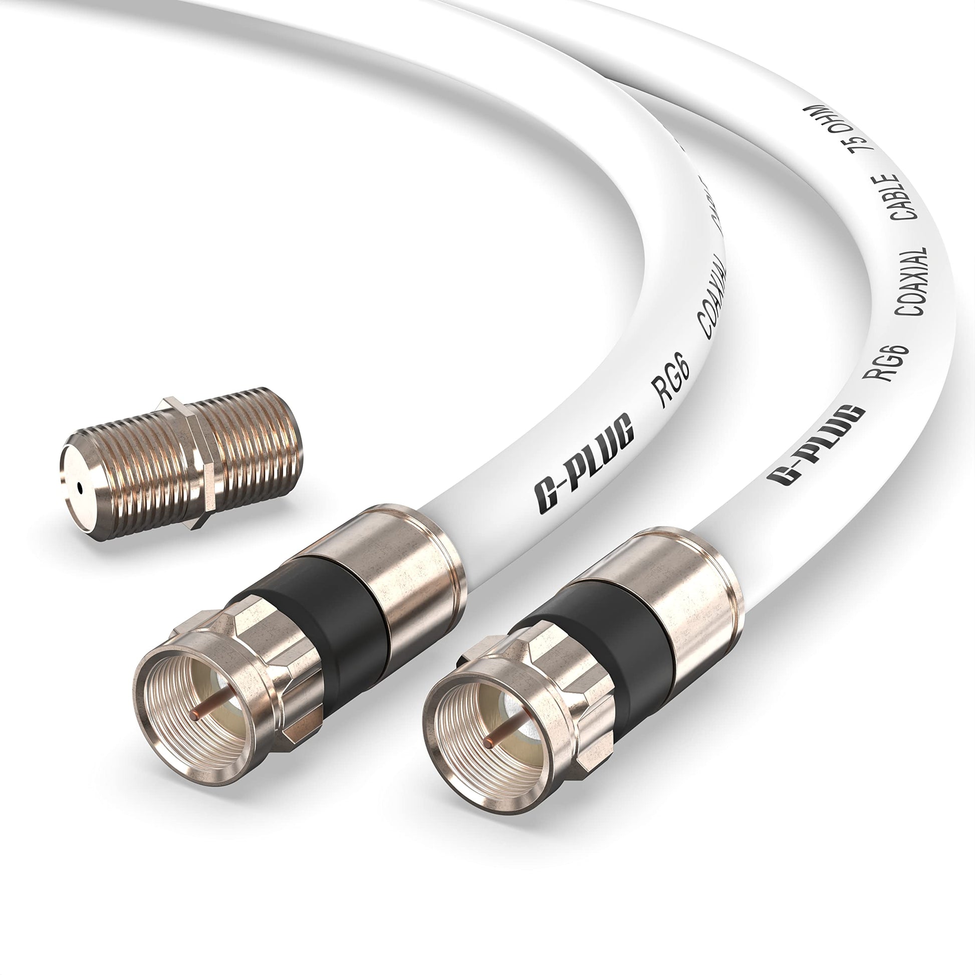 G-PLUG Cable Coaxial RG6 75 Ohm, Triple Blindaje, Conectores F Tipo Macho a Macho, Cable Antena TV, Satelital e Internet Banda Ancha, Incluye Acoplador F81, Blanco