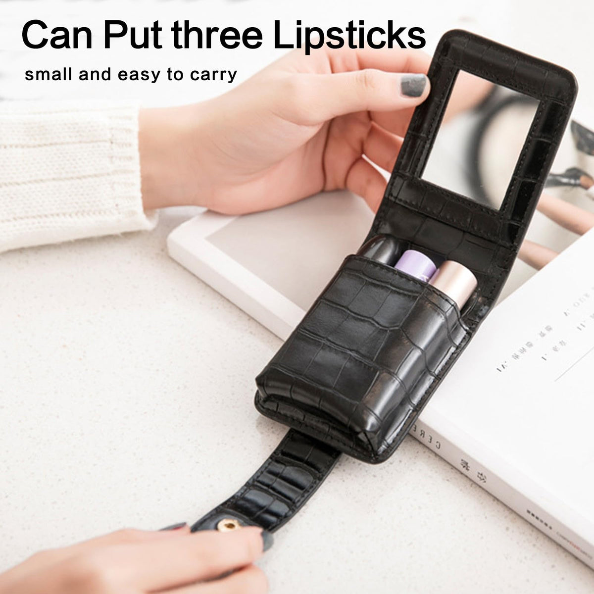 PORRASSO Estuche para Lápiz Labial con Espejo Estuche para Pintalabios Mini Bolsa de Maquillaje Portátil Almacenamiento PU Bolsa de Cosméticos Negro