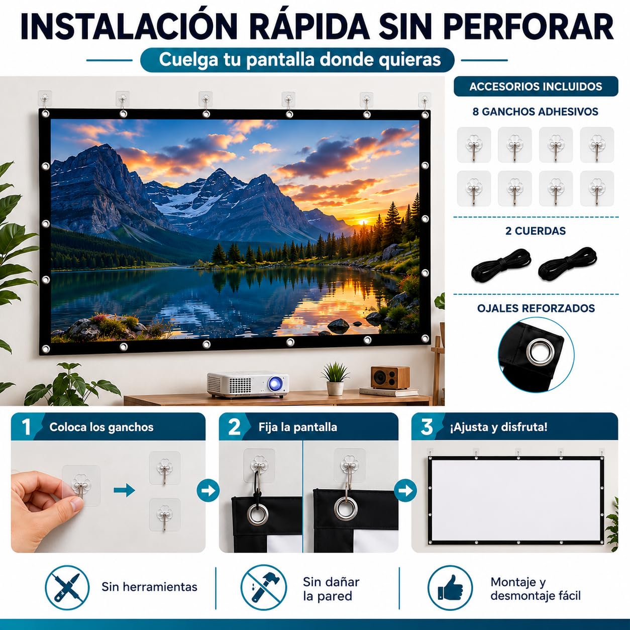 TPOUIDD Visualización de Proyector de 100 Pulgadas, Pantalla de Proyeccion Portátil Plegable HD 16:9, Resistente a Las Arrugas, Apta para Uso en Exteriores, Interiores y Cine en Casa (100 Pulgadas)