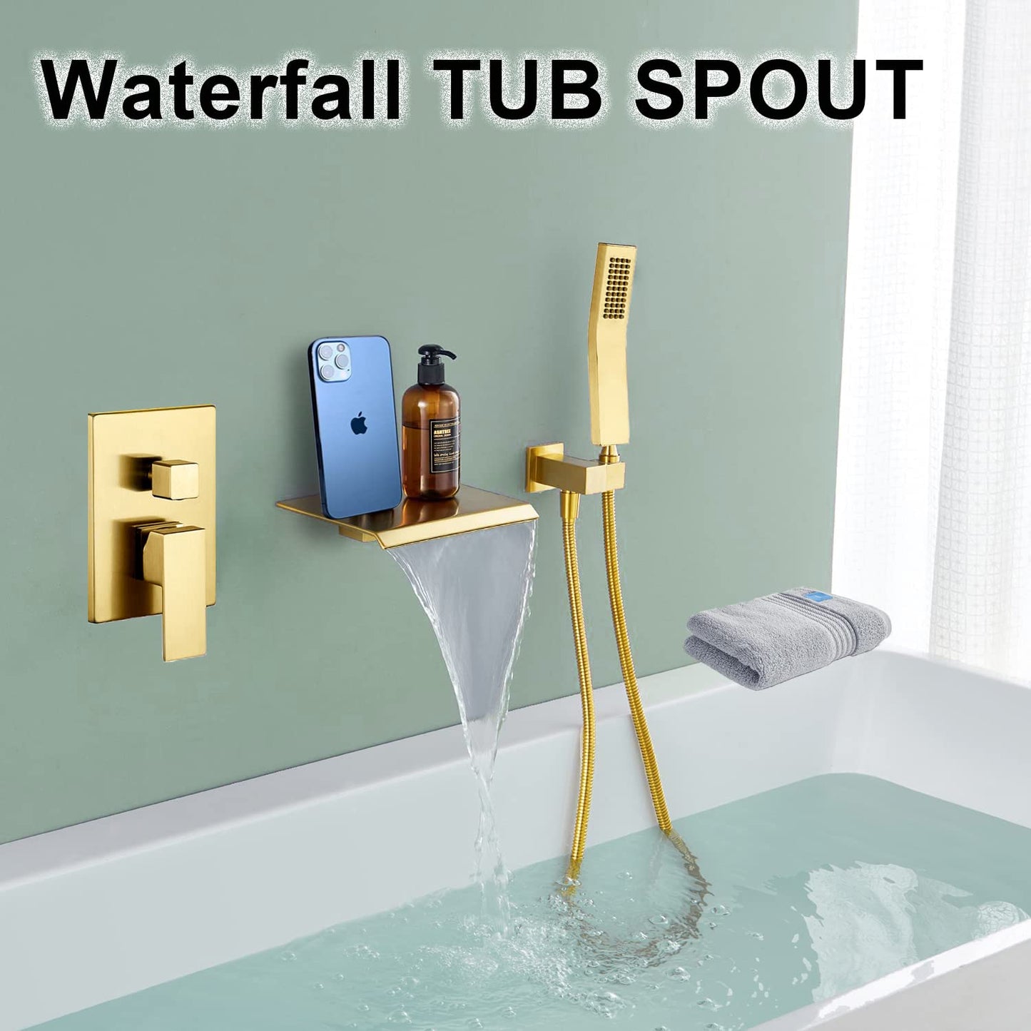 Sistema de Ducha para Bañera YESIMI Dorado Cepillado con Boquilla de Cascada y Ducha de Mano de Alta Presión