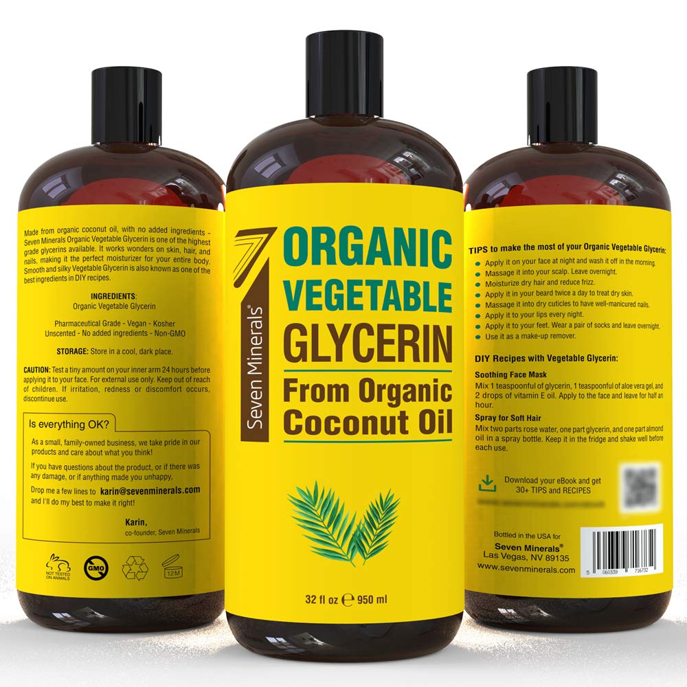 Seven Minerals- Glicerina vegetal orgánica - Botella grande de 32 fl oz - Sin aceite de palma, elaborada con aceite de coco orgánico - Th