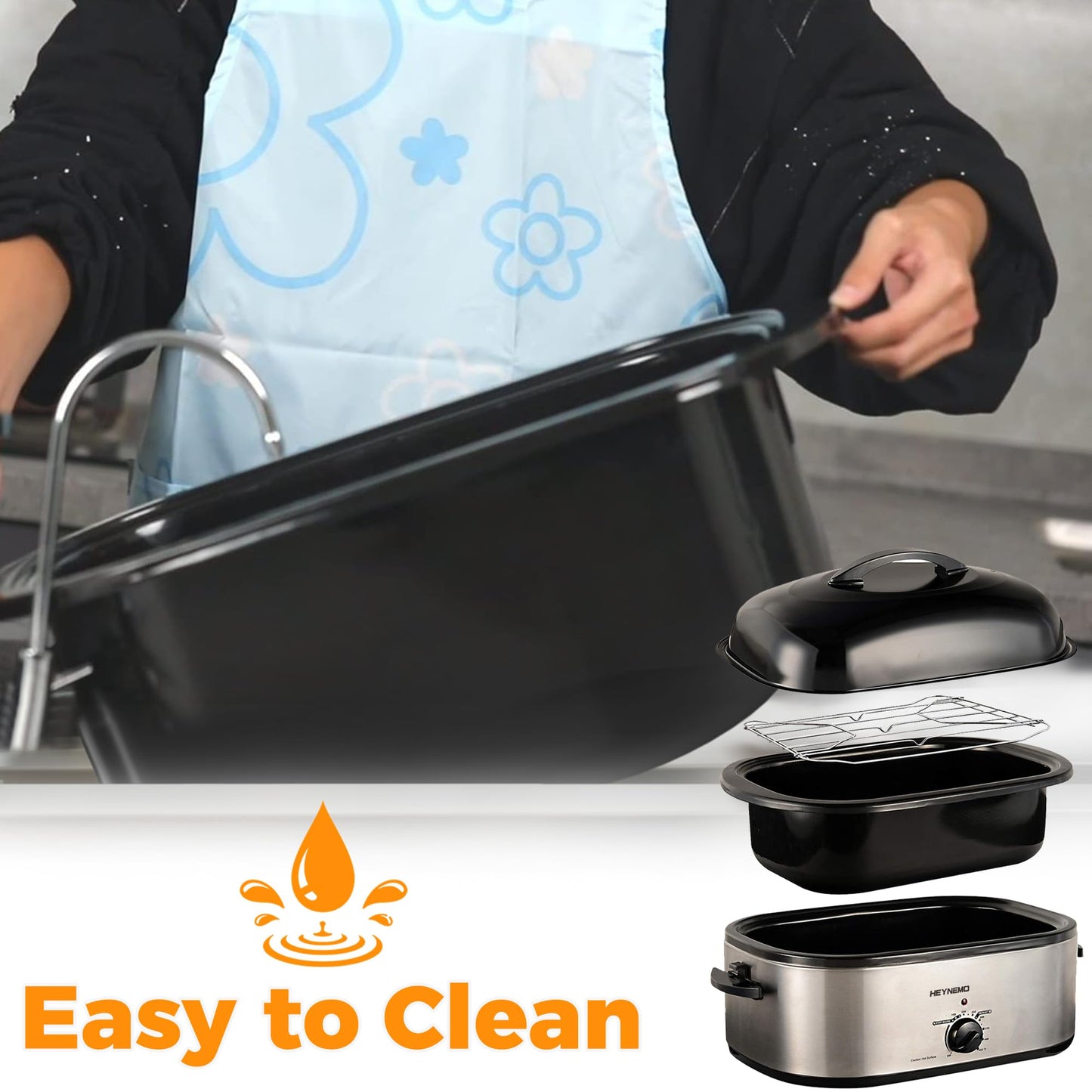 Horno tostador de 18 cuartos con tapa autohilado, horno tostador de pavo con función de descongelación y calor, temperatura ajustable, estante eléctrico extraíble para sartén, acero inoxidable, plata