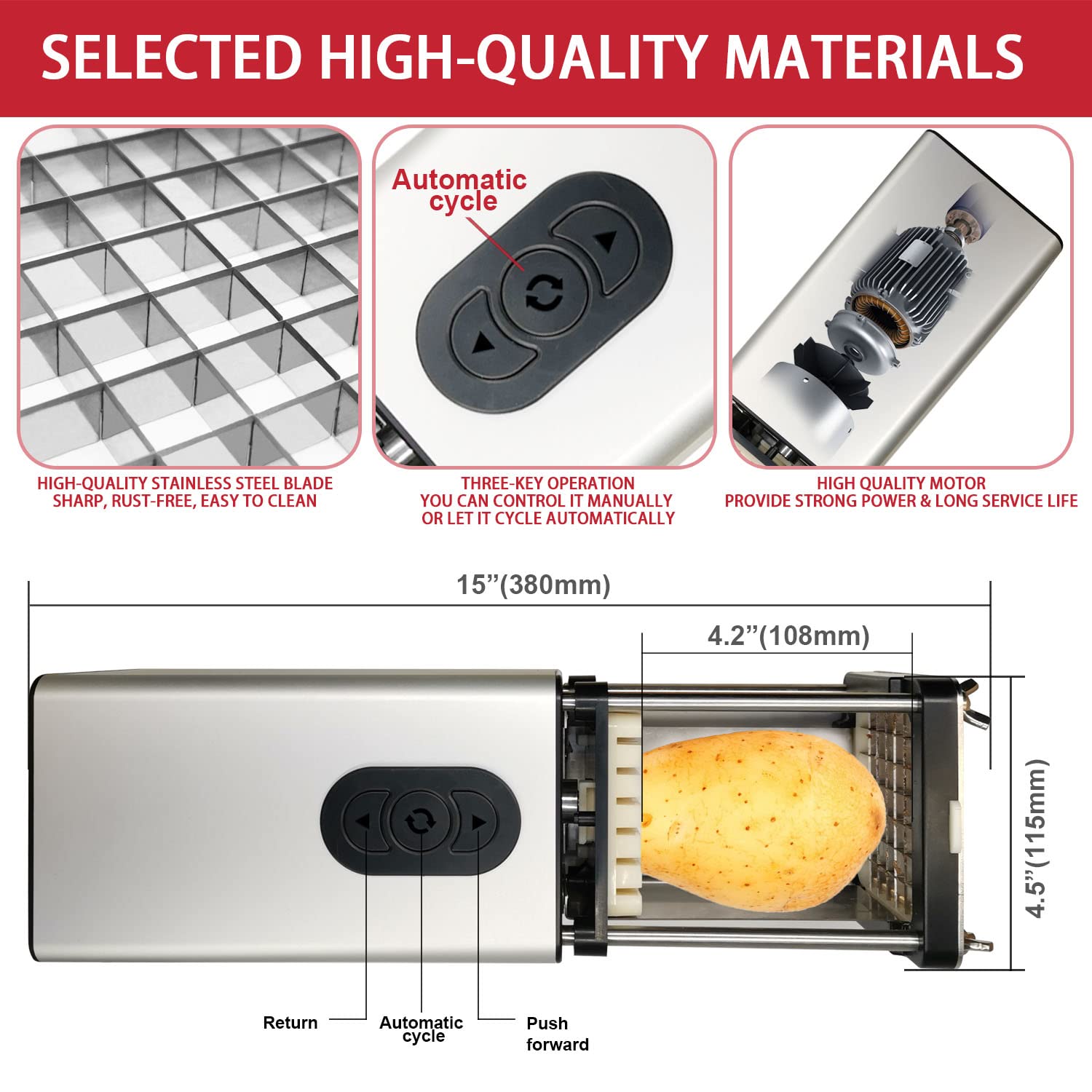 Fstcrt - Cortador eléctrico de freír francés, acero inoxidable con hoja de 1/2 y 3/8 pulgadas, cortador de papas fritas para restaurantes y cocina en casa, uso para patatas, zanahorias, pepinos