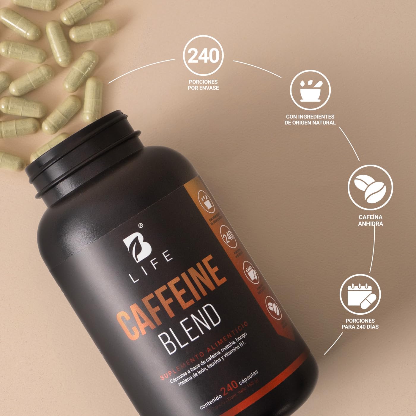 Cafeína Anhidra 240 Cápsulas de 700 mg. Adicionada con Matcha, Melena de León, Taurina y Vitamina B1. Ingredientes Naturales. Caffeine Blend B Life