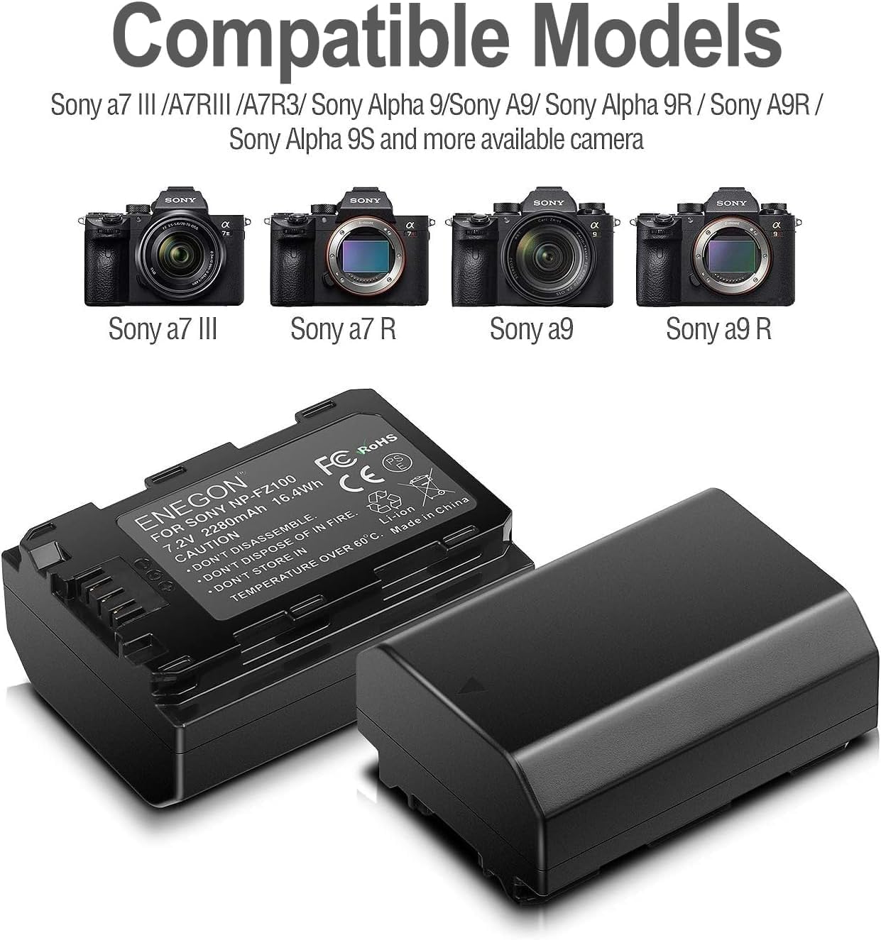 Batería de Repuesto ENEGON Negro Paquete de 2 con Cargador Dual USB para Sony NP-FZ100 y Alpha Serie A9/A7R/A6600